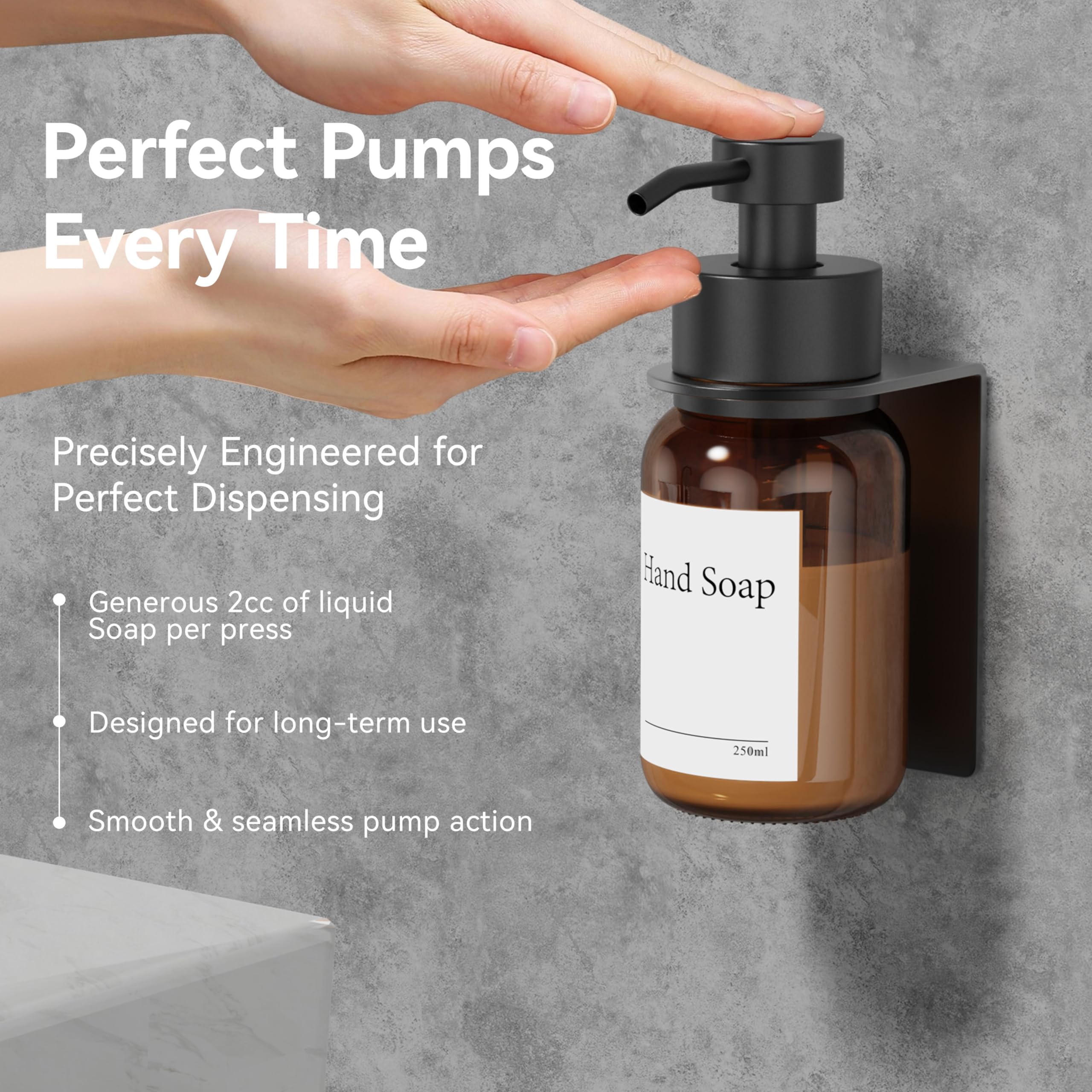 Confezione da 2 dispenser di sapone in vetro con montaggio a parete, autoadesivo, dispenser a pompa in acciaio inox per sapone liquido, senza fori, 250 ml (ambra/nero)