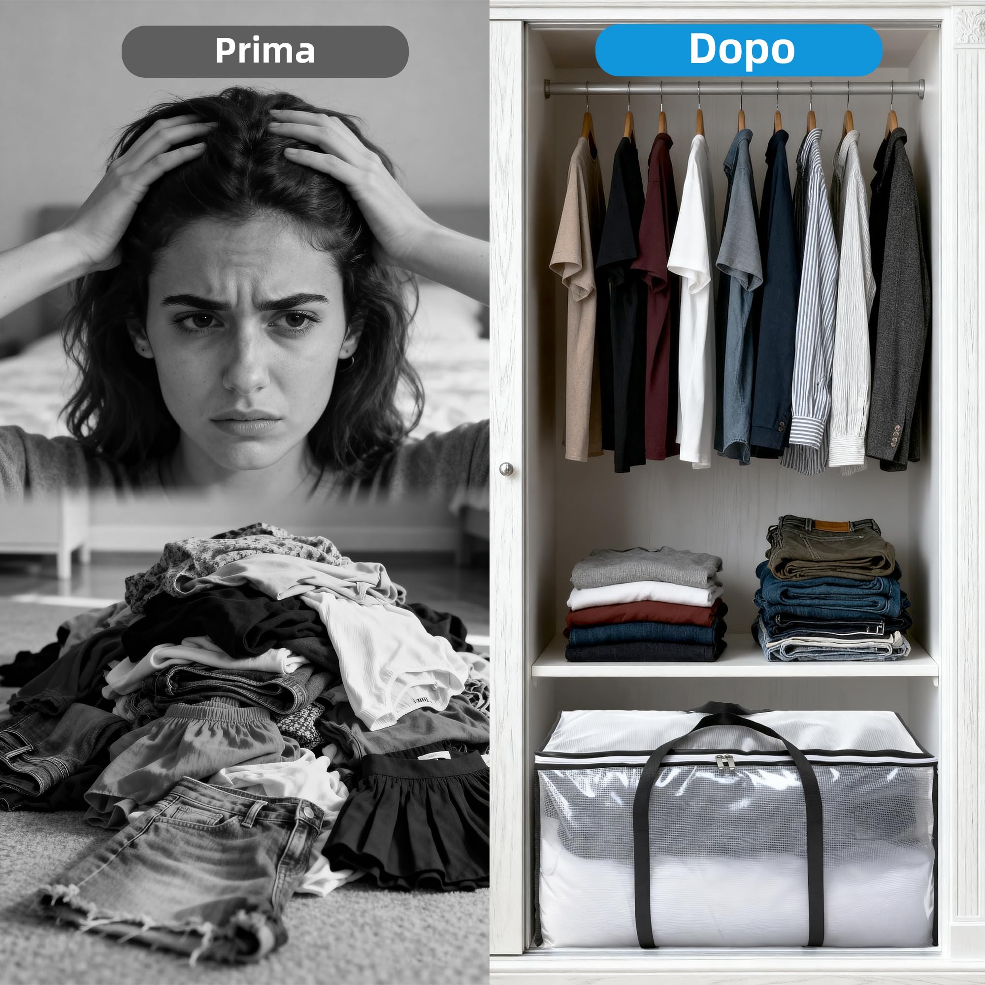 6 Pezzi Borse Trasloco 88L, Contenitori Pieghevoli Trasparenti in PVC Rinforzato 135 g/m², per Vestiti Piumoni Biancheria, Maniglie Rinforzate, Doppia Cerniera in Metallo