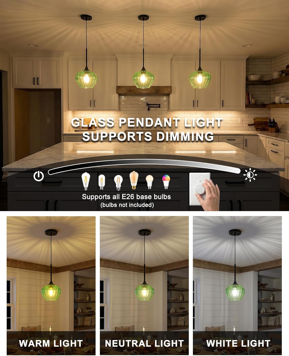 Green Pendant Lights Kitchen Island, 7" Vintage Glass Pendant Lighting Samll Adjustable Hanging Light Fixtures for Kitchen, Dining Room, Sink, Bathroom