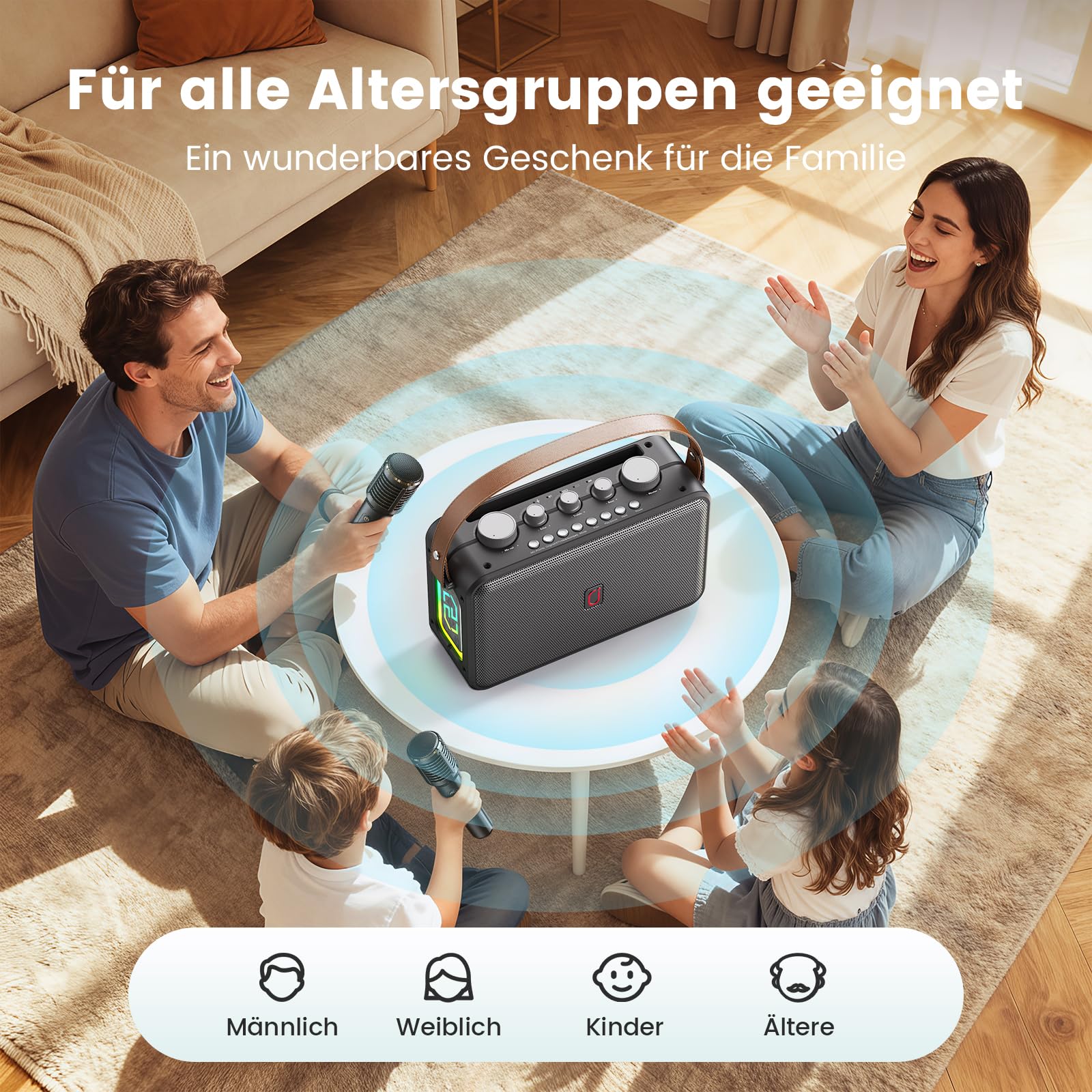 HWWR Karaoke Maschine mit 2 Karaoke Mikrofonen, Tragbare Bluetooth 5.3 Karaoke Maschine für Erwachsene Unterstützt TF-Karte/USB/AUX-Eingang, Aufnahmefunktion, Geeignet für Familientreffen