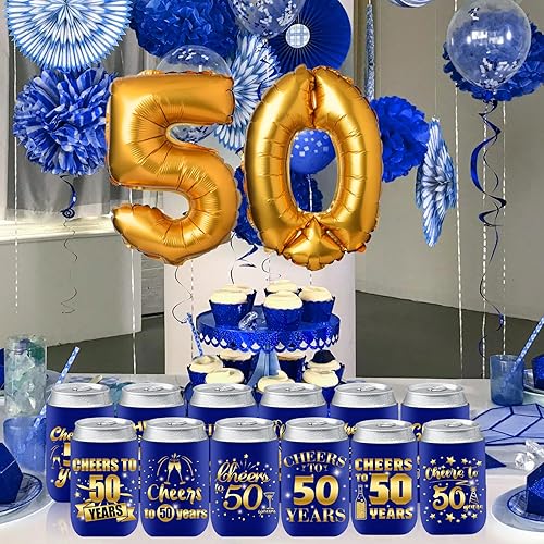 Miniatura 2 de 12 fundas para enfriar latas de cumpleaños número 50  Decoración azul y dorada para hombres y mujeres, fundas de fiesta para bebidas  Regalo de