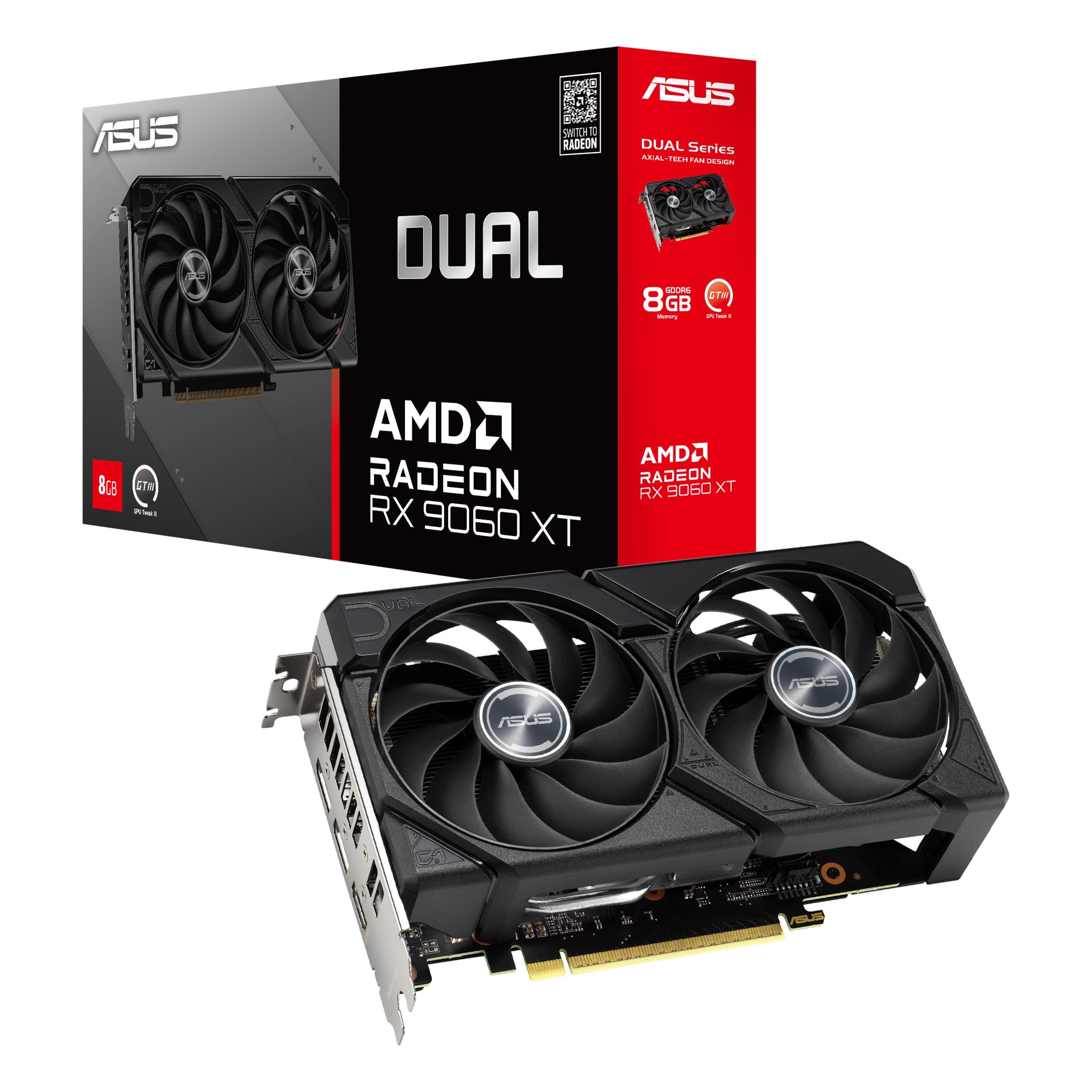 ASUS Dual Radeon RX 9060 XT 8 GB GDDR6 - Tarjeta gráfica (PCIe 5.0, HDMI 2.1b, DisplayPort 2.1a, diseño de 2.5 Ranuras, Ventilador Axial-Tech, tecnología 0dB)