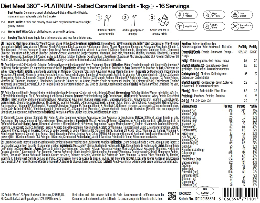 Protein Works | Diet Meal 360 – PLATINUM Innovation, Shake Sostitutivo Pasti Dietetico, Perdita Peso, 26 Vitamine & Minerali, Semi Di Lino, Inulina, Omega‑3, Caramello Salato Intenso, 16 Pasti, 1kg