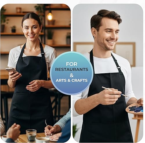 Miniatura 6 de Utopia Kitchen Paquete de 4 delantales ajustables con 2 bolsillos, resistente al agua y al aceite, delantal de chef de cocina para mujeres y hombres