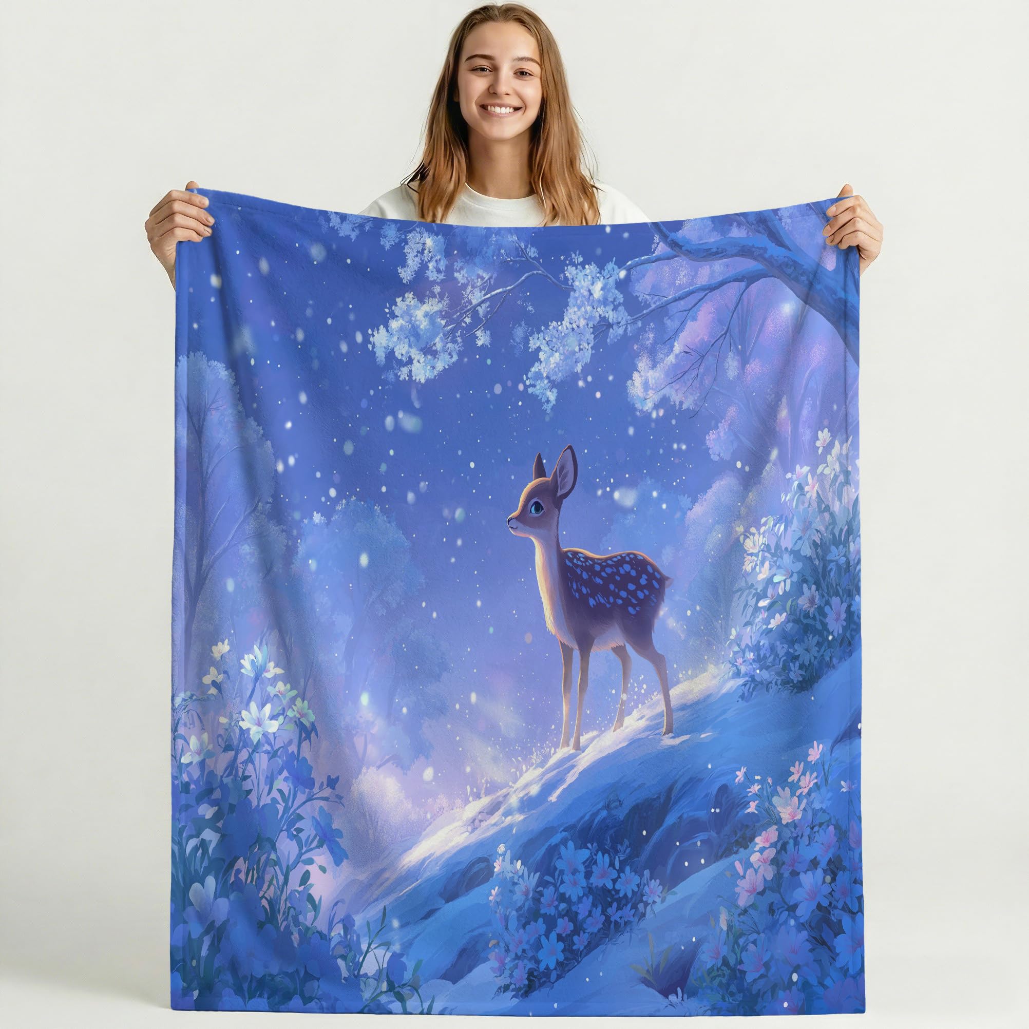 Genérico Lodowy niebieski miękki puszysty koc, flanelowy ciepły koc polarowy z nadrukiem, anime marzony jeleń gruby przytulny lekki koc na łóżko sofa krzesło 220 x 270 cm
