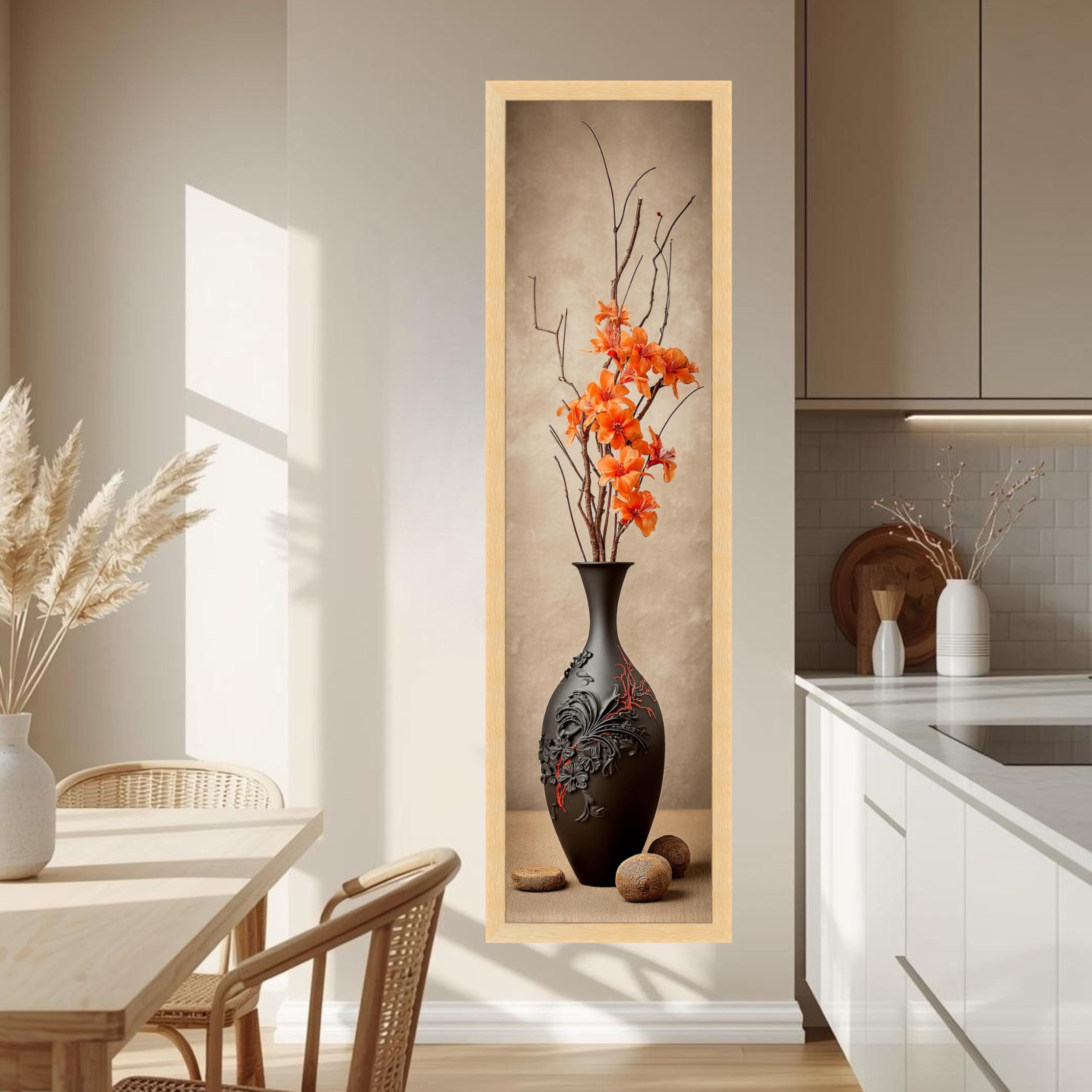 CAOXTART Black Vase Oil Painting, Orange Blossom Canvas, Floral Still Life Wall Art Home Decor, Vertical Botanical Canvas Print(35x105cm/Frameless)