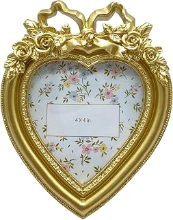 Aispama Cute Heart Shape Vintage Ornate Antique Gold 4x4 Inch Resin Picture Frame for Wall or Tabletop Home Decor