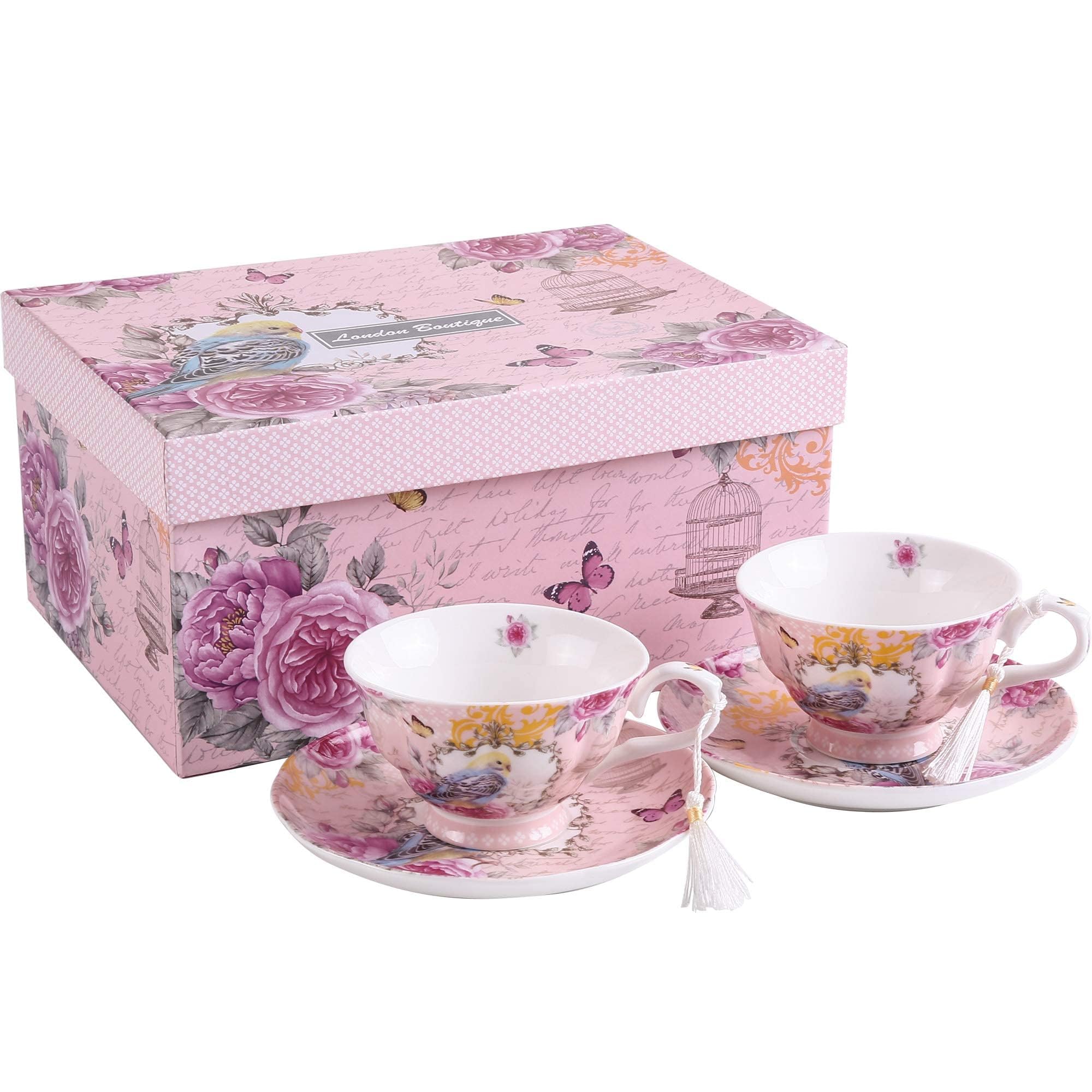 Vintage Floral Rose & Lavender Porcelain Cups Saucers Set of 2, Gift Boxed