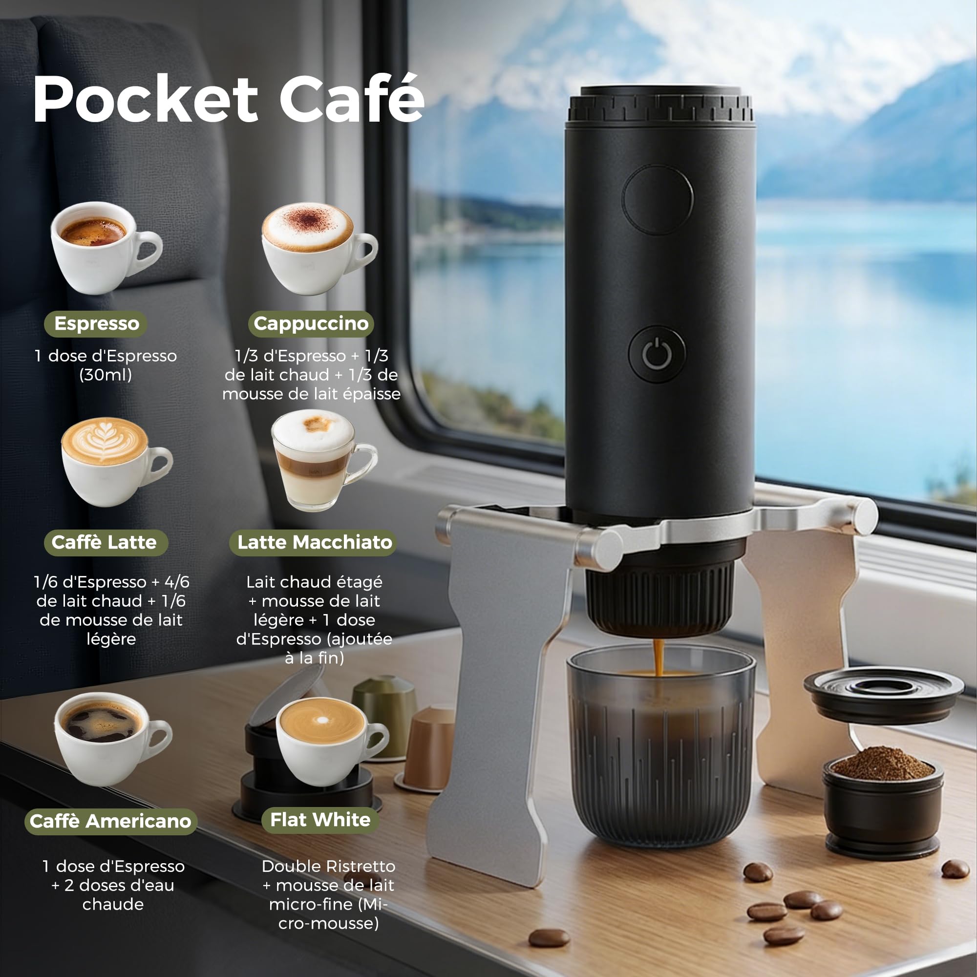 Machine à Café Portable 3 en 1, Machine à Café Expresso électrique de Voyage, Auto-Chauffante avec Charge USB-C, Compatible Café Moulu, Capsules DG & NS, Idéale pour Camping, Bureau, VR (Vert)