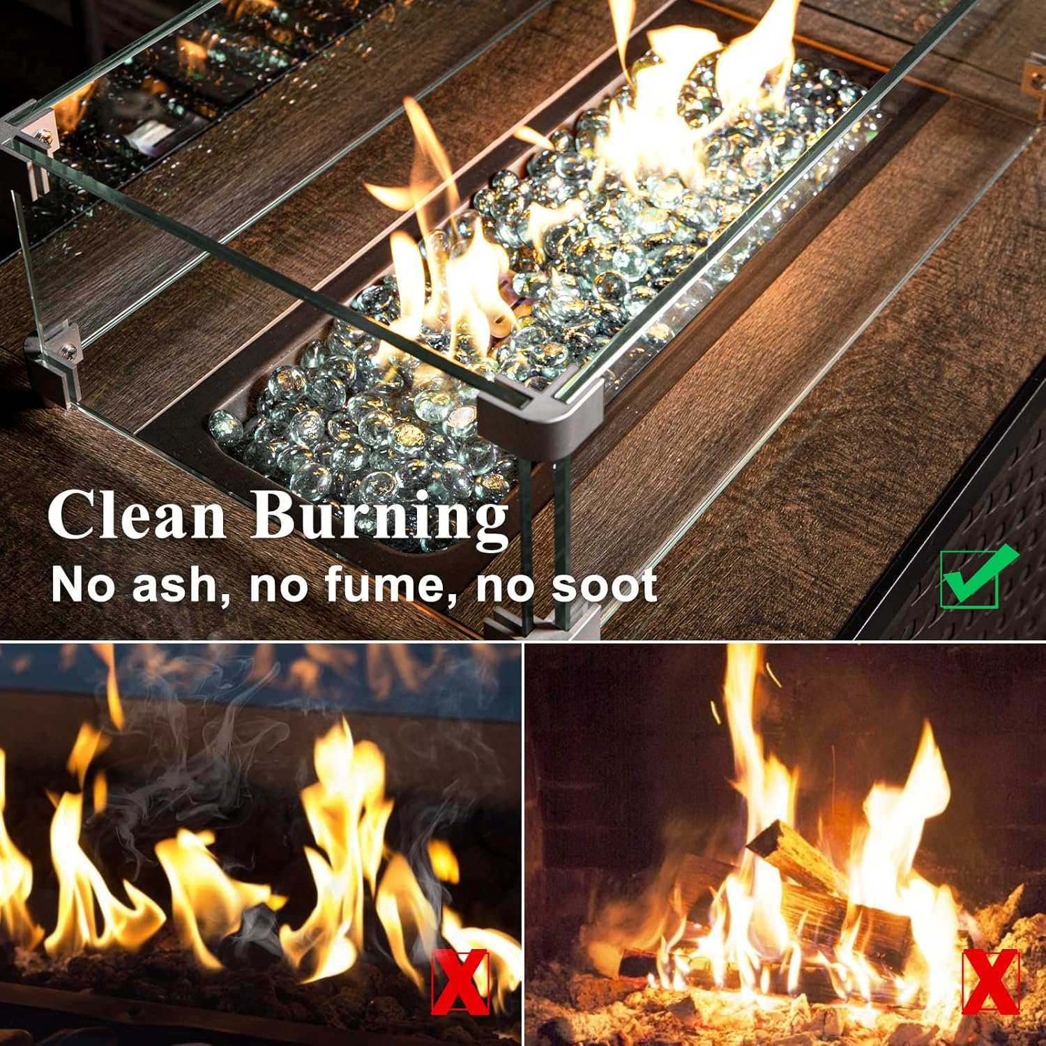 GASPRO 30LB Clear Fire Glass Beads for Propane Fire Pit, Fireplace, Flat Glass Marbles for Vase, Aquarium, Garden, 3/4 Inch Fire Pit Glass Rocks, Crystal Luster