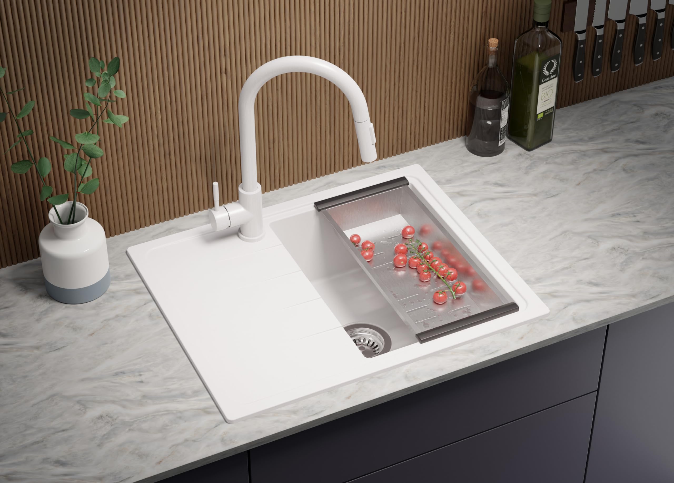 PRIMAGRAN Evier Cuisine en Granit Blanc 62x50cm, Lavabo 1 bac + Robinet 40x20cm + Kit de Vidage, Évier à Encastrer au Meuble 40cm - Milan S017