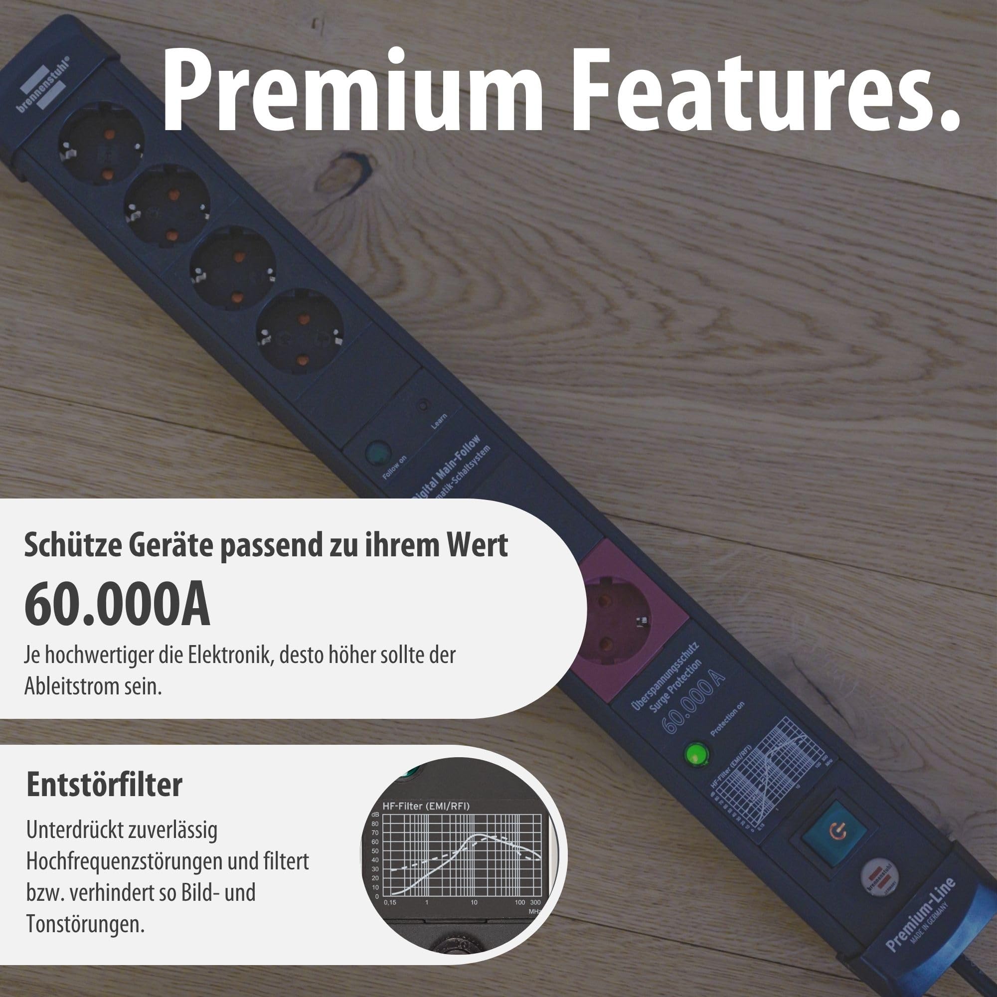Brennenstuhl Premium-Line Steckdosenleiste 5-Fach mit Überspannungsschutz und Main-Follow Funktion (Mehrfachsteckdose mit Schalter und 3m Kabel, Steckdosenleiste Wandmontage, Made in Germany) schwarz