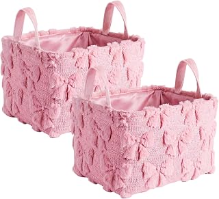 2 Pcs Pink Bow Storage Baskets 16x12'' Back to School Gift Basket | for Women, Coquette, Foldable, Fluffy, Laundry, Storage Bin with Handle, Closet Organizer, Preppy Dormitory, Classroom, Shelf