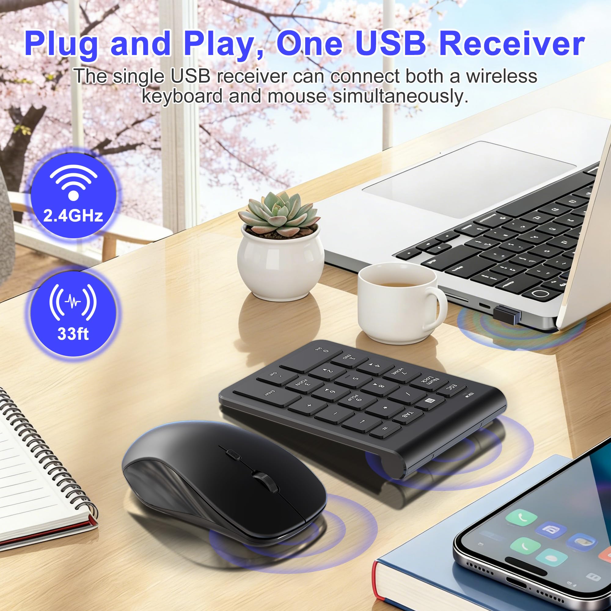 Combo de mouse inalámbrico y almohadilla numérica, teclado USB de 22 teclas y 3 mouse silencioso DPI ajustables, teclado numérico ultra delgado y portátil de 2.4 GHz para laptop, PC, escritorio