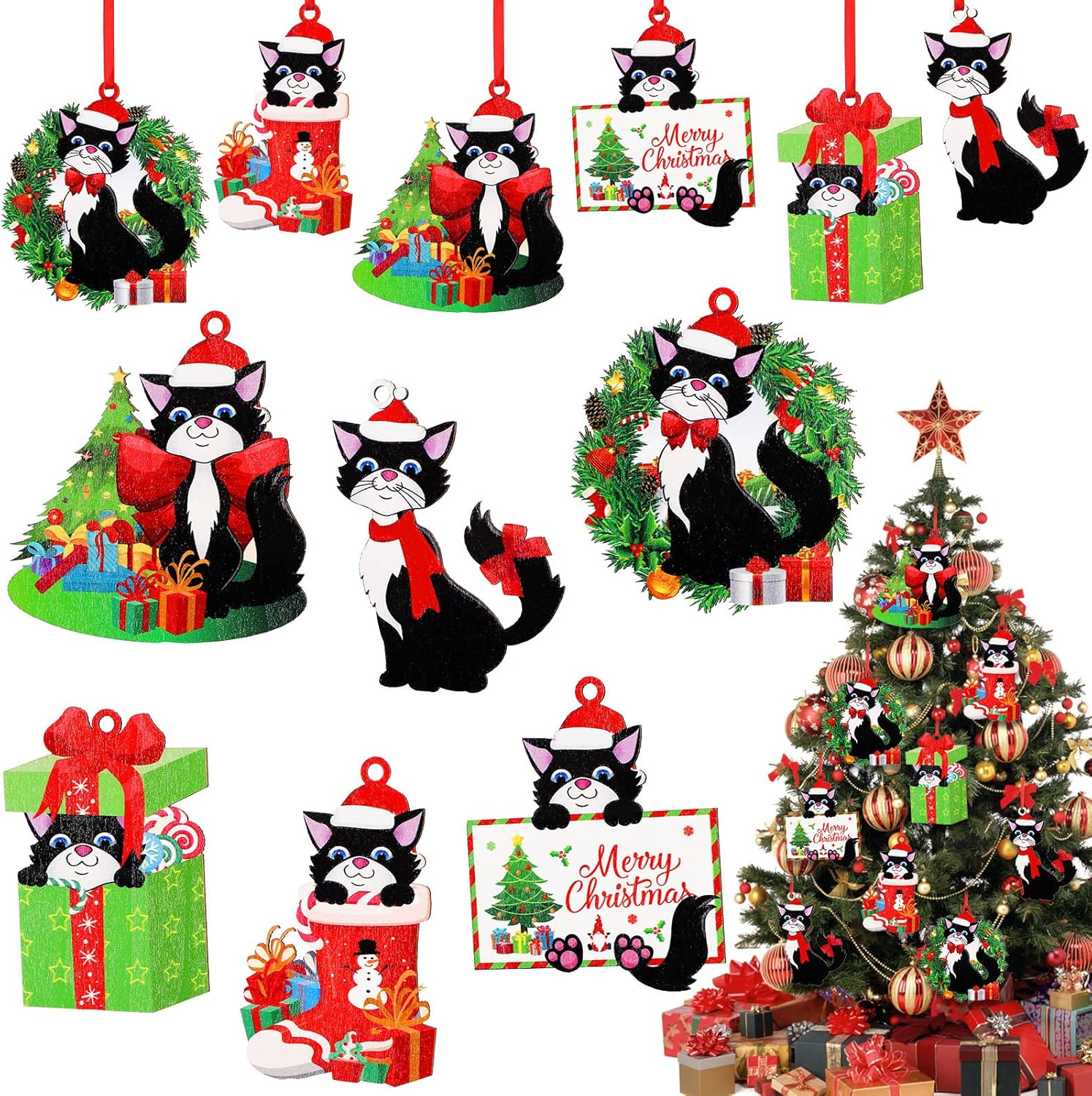 Beeveer 36 Pcs Christmas Cat Ornament Wooden Black Cat