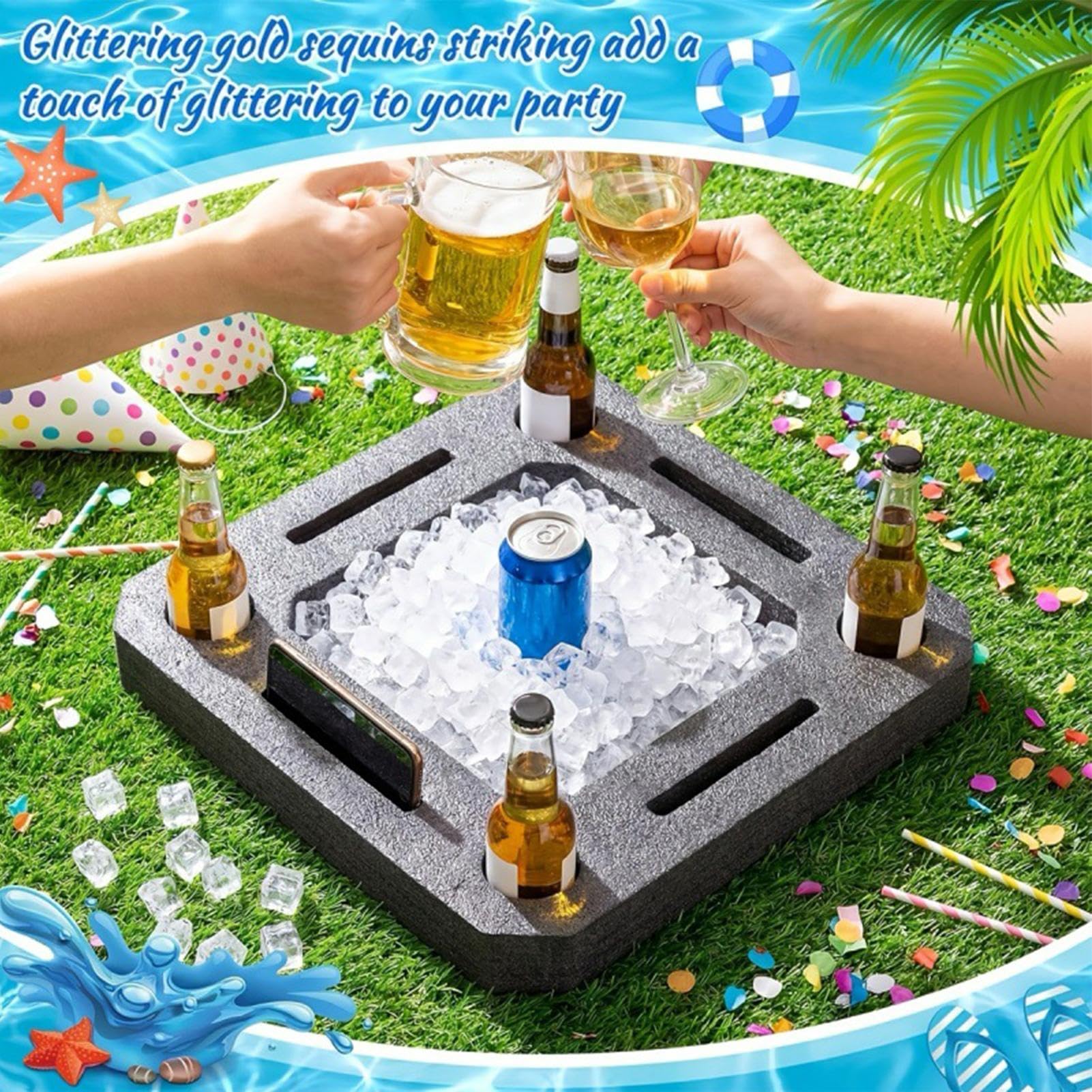 Pool Tablett Schwimmend 50x50cm – Tragbare Servierplatte mit Fächern | Getränkehalter für , See, Strands & Gartenparty, Leichte Ablage für Snacks & Getränke, Perfekt für Sommer, Camping