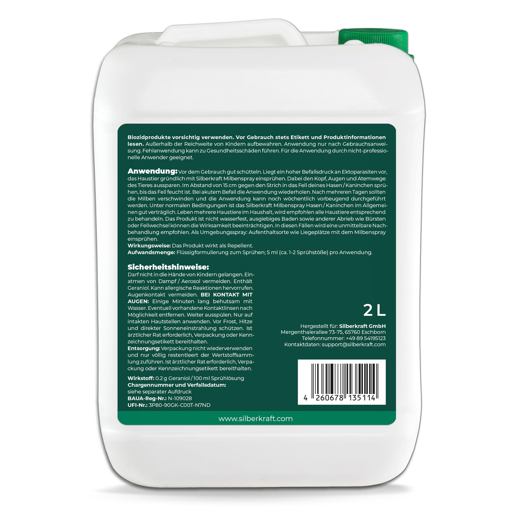 Silberkraft Milbenspray Hase Kaninchen 2L Kanister - Effektives Anti Milben Spray für Nager - Milbenbefall behandeln bei Kaninchen Hasen Meerschweinchen