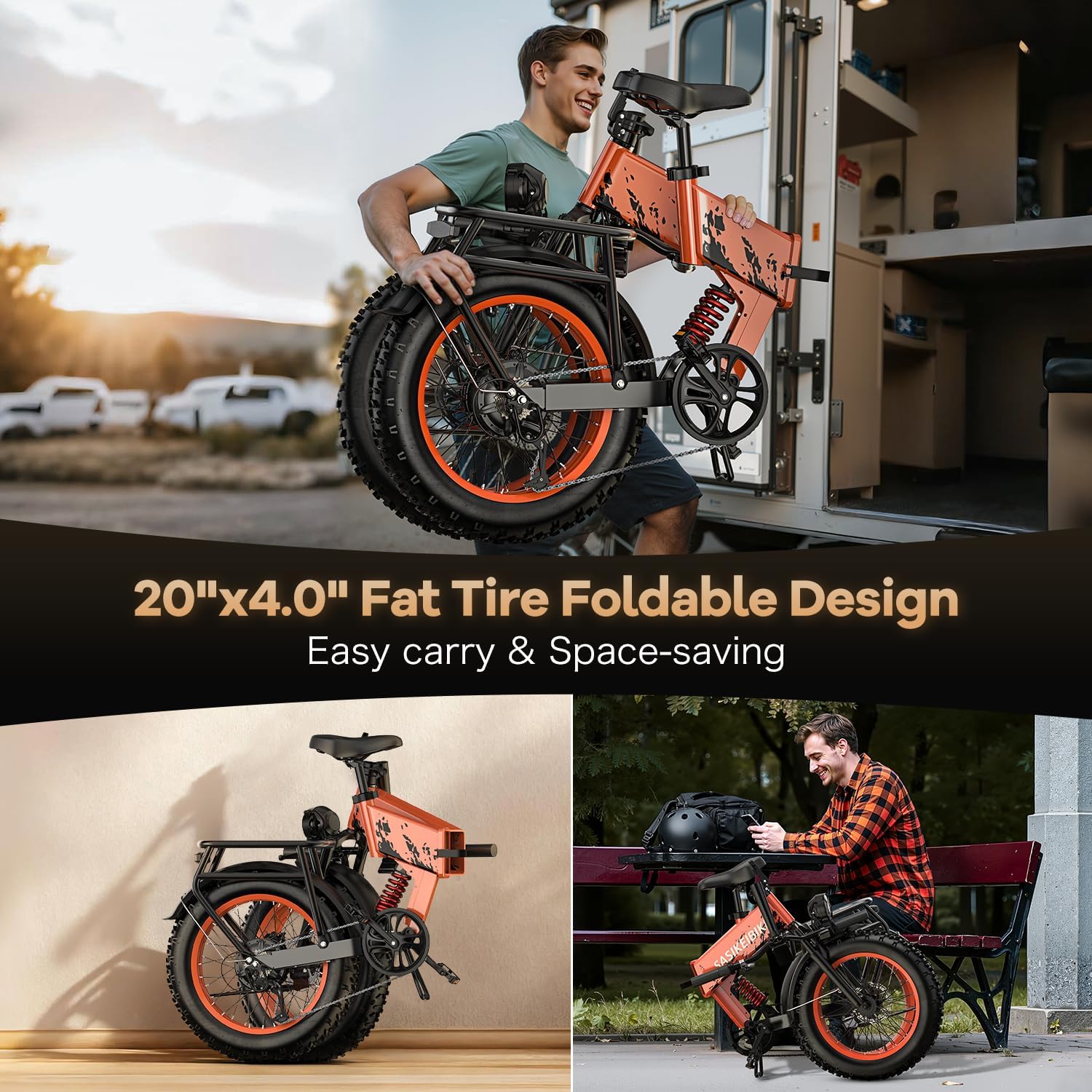 SASIKEIBIKE 1500W Folding Electric Bike for Adults,52V 20Ah Removable Battery Ebike with 30+MPH 70 Miles Max,20"x4.0 Fat Tire E-bike with Basket,Full Suspension Electric bicycle for Commute,Mountain