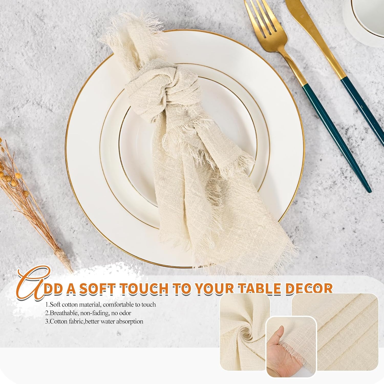 60 Pcs Natural Handmade Cloth Napkins with Fringe, 16x16 Inches Cotton Delicate Rustic Napkins with Fringe for Wedding/Dinner/Party