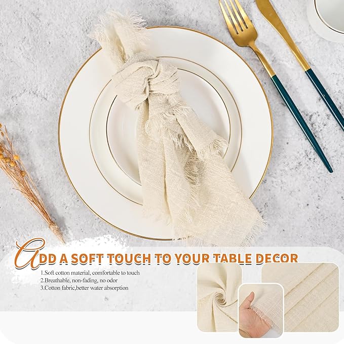 24 Servilletas de Tela Naturales Hechas a Mano con Flecos - Algodón 40x40 cm miniatura 4