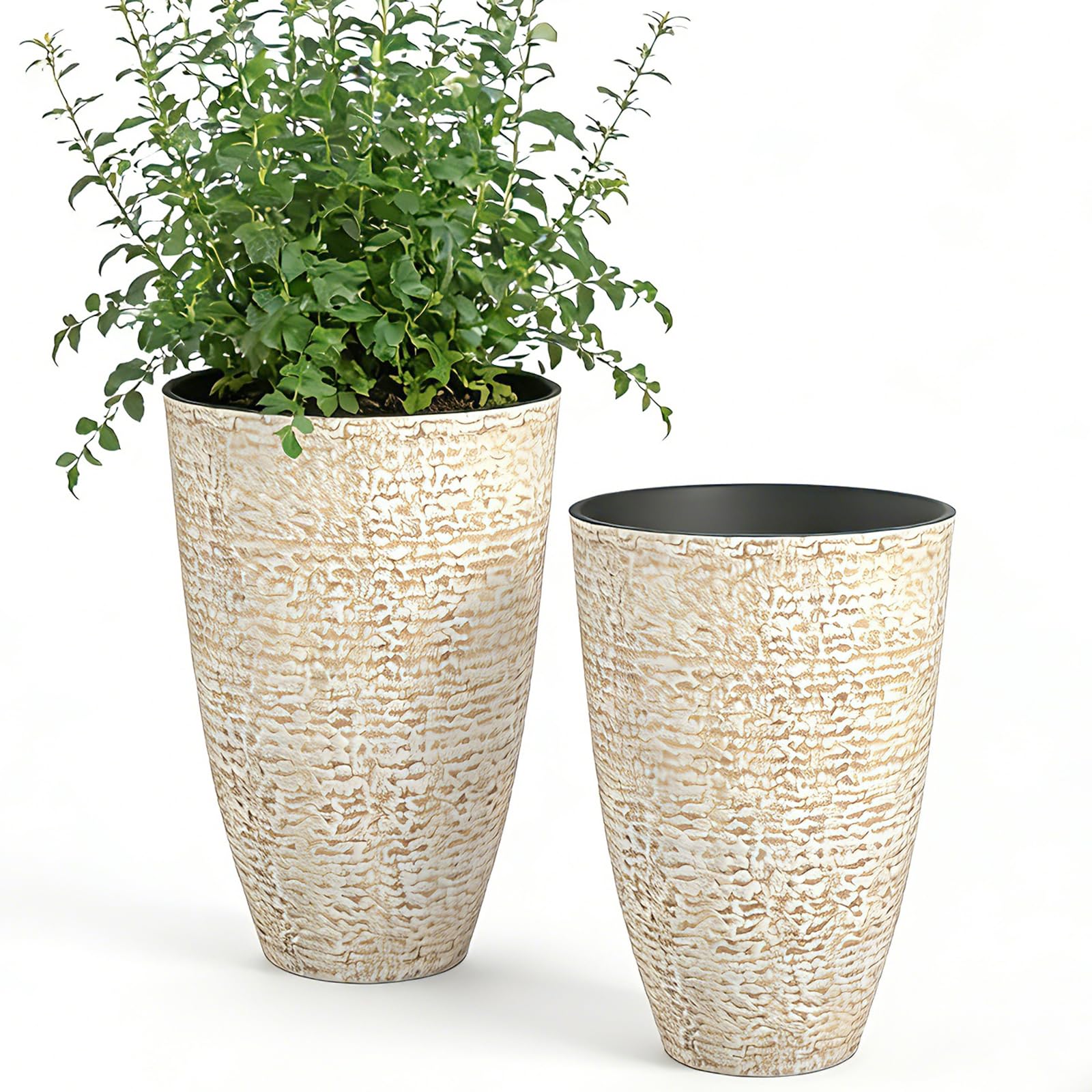 Tall Round Planters for Outdoor Plants - 14" Dia x 21" H - 2 Pack Stone Finish Plant Tree Flower Pots for Home Garden Decor