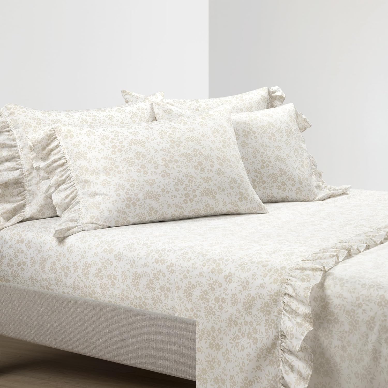 Lush Decor Garden of Flowers Ruffle 6 Piece Sheet Set, Full, Neutral & White
