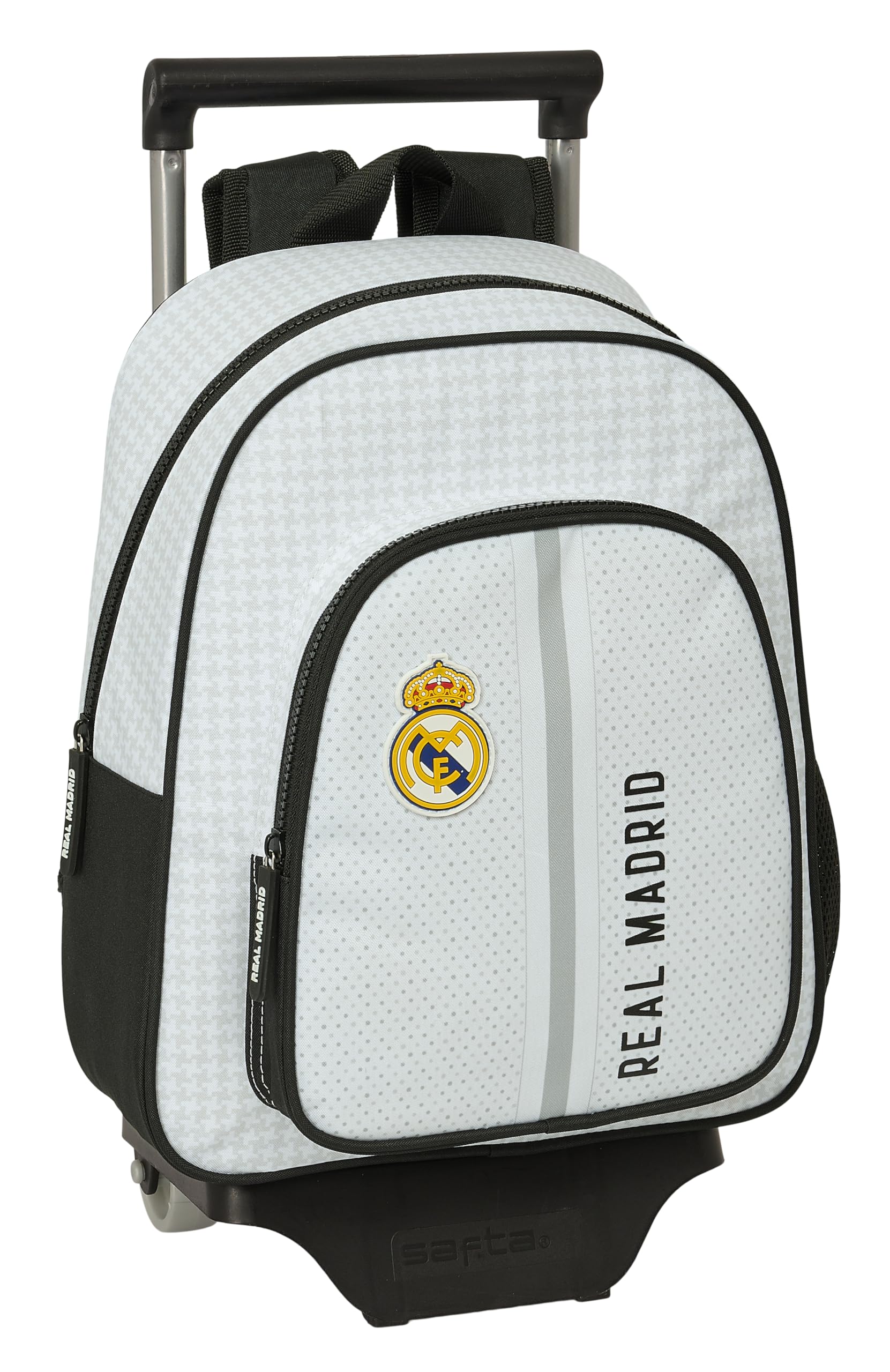 Safta REAL MADRID 1ª EQUIPACIÓN 24/25 - Mochila Infantil con Carro 705, Ideal para Niños de Diferentes Edades, Cómoda y Versátil, Calidad y Resistencia, 28x10x34 cm, Color Blanco/gris