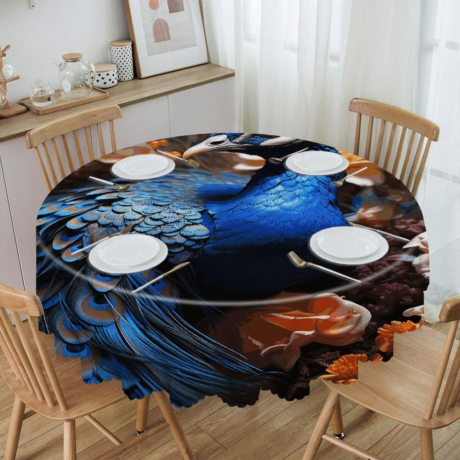 FekiLoot 60 Inch Round Blue Peacock Tablecloth Waterproof Heavy Duty Polyester Table Cloth Spill-Proof Wipeable Table Cover Decorative Circle Dining Tablecover for Party Outdoor