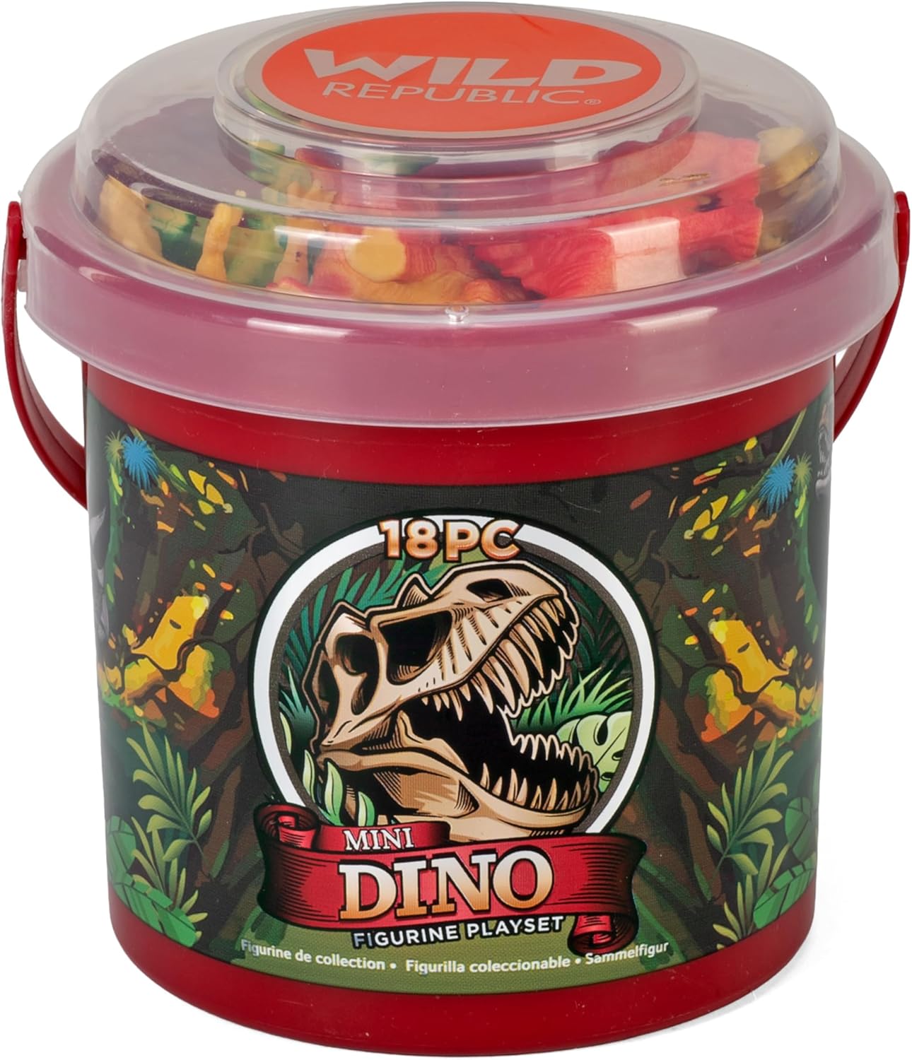 Wild Republic Dinosaur Bucket, Dinosaur Figurines Set, T Rex, Triceratops, Velociraptor, Stegosaurus and more, 18-Piece
