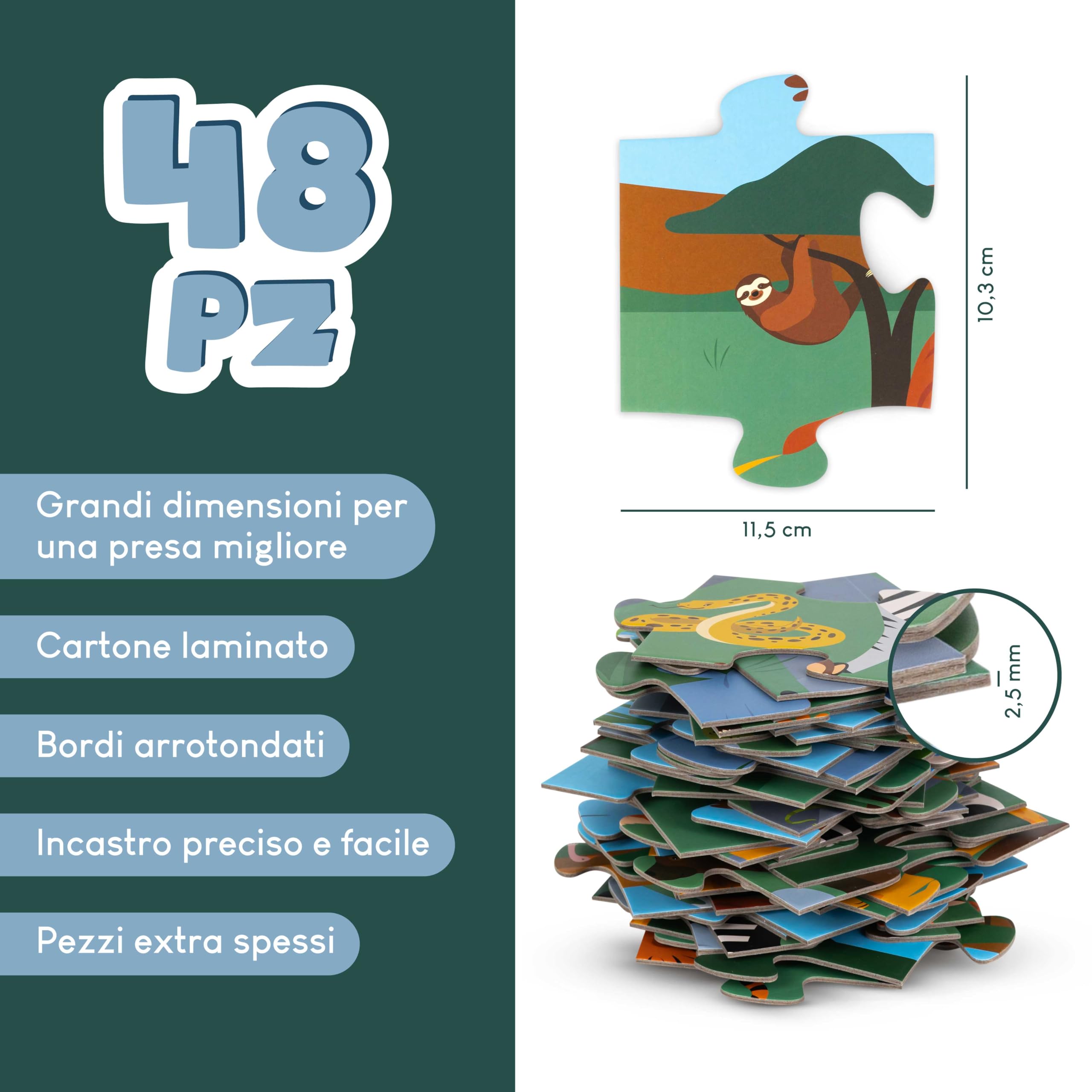 BONNYCO Puzzle Bambini XXL Animali Giungla 48 Pezzi Grandi 92x62 cm Giochi Educativi 2-8 Anni