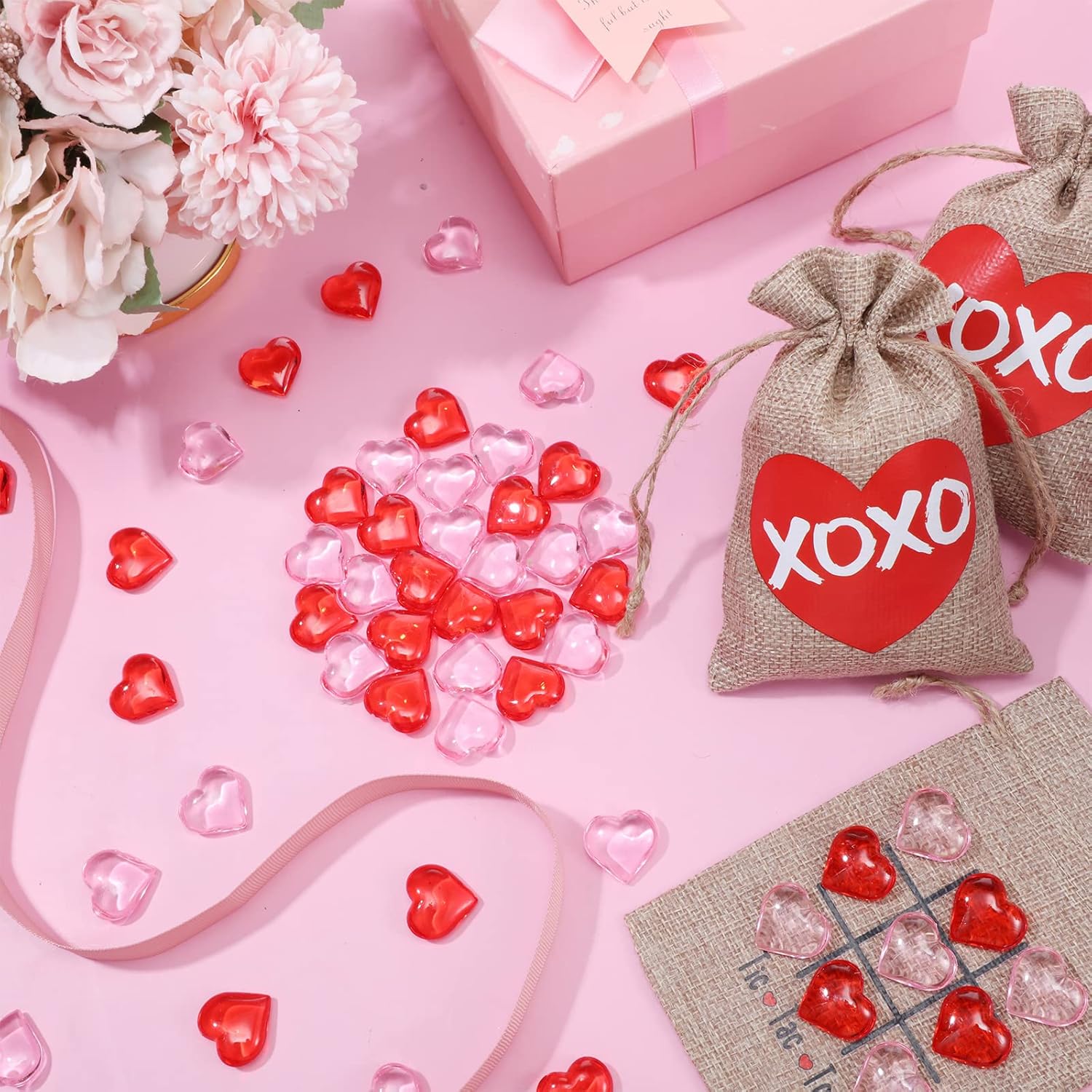 Woanger 24 Pcs Valentine Tic Tac Toe Bag 4 x 6" Linen Storage Bag with 300 Pink Red Acrylic Heart Valentine Vase Filler Heart Shaped Beads Table Decoration for Valentine's Day Wedding Party Game