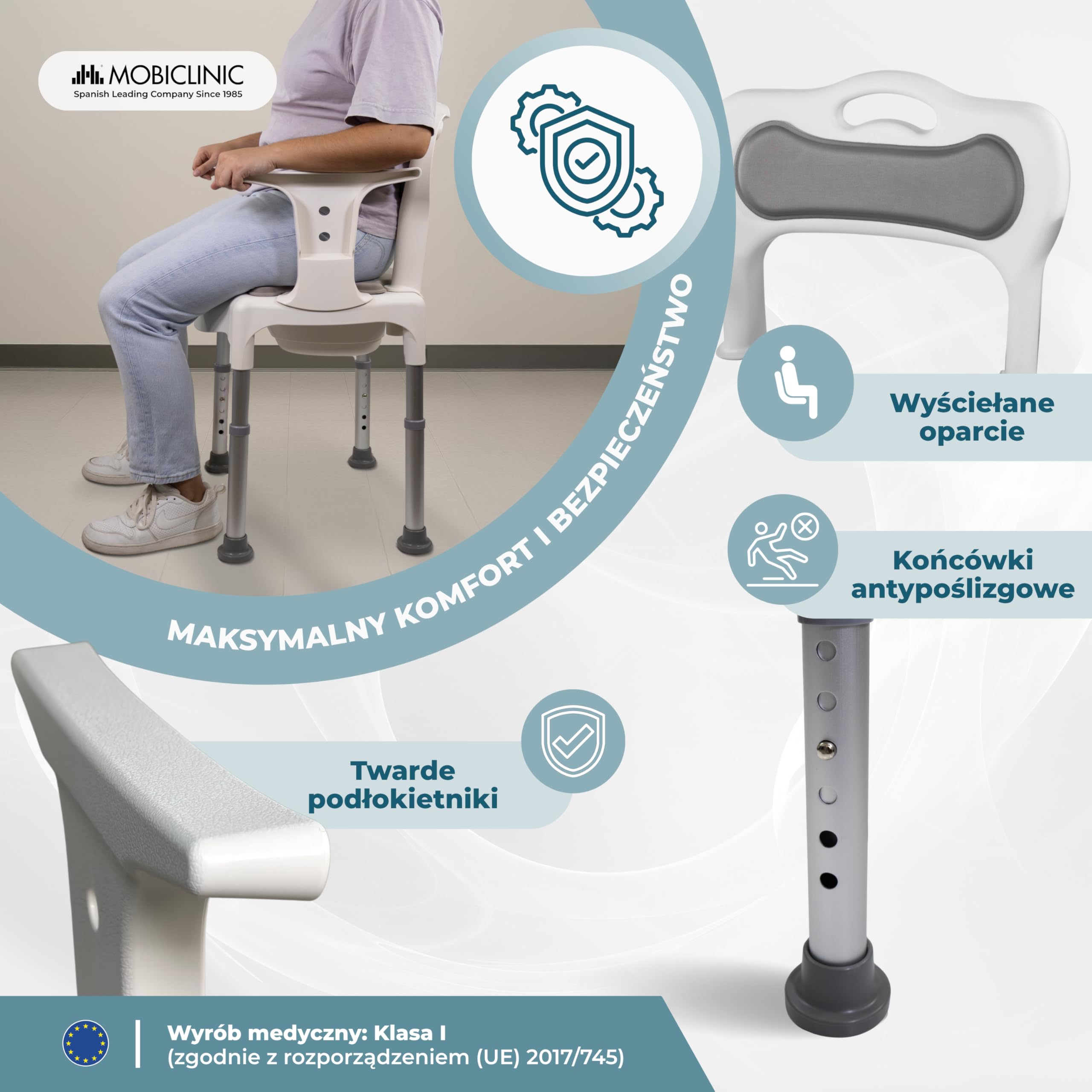 Mobiclinic®, Krzesło Toaletowe, do Kąpieli i pod Prysznic, 3 w 1, 6-stopniowa Regulacja Wysokości, Wyjmowany Pisuar 3,5L, Poduszki na Siedzisko i Oparcie, Antypoślizgowe Nakładki, Guido