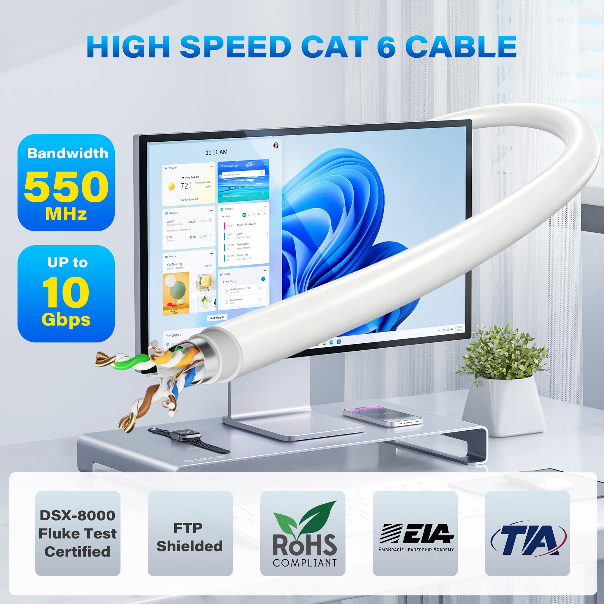Câble Ethernet d'extérieur Cat 6 en vrac – Boîte facile à tirer, câble de raccordement FTP long réseau Internet RJ45 LAN, 23 AWG CCA solide, anti-UV, étanche, enfouissement direct pour routeur de jeu