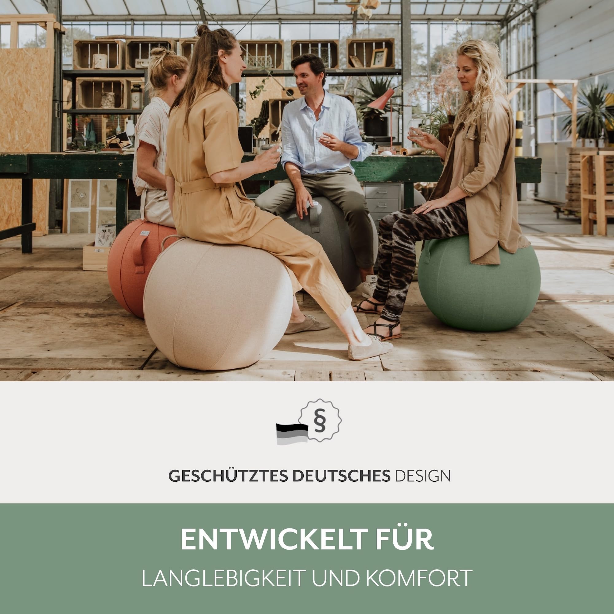 VLUV® BOL SOVA Sitzball Büro ergonomisch - Gymnastikball mit waschbarem Stoffbezug, atmungsaktiv, Tragegriff und Wegrollschutz - für Schwangerschaft und Home Office - Beige - 60cm bis 65cm