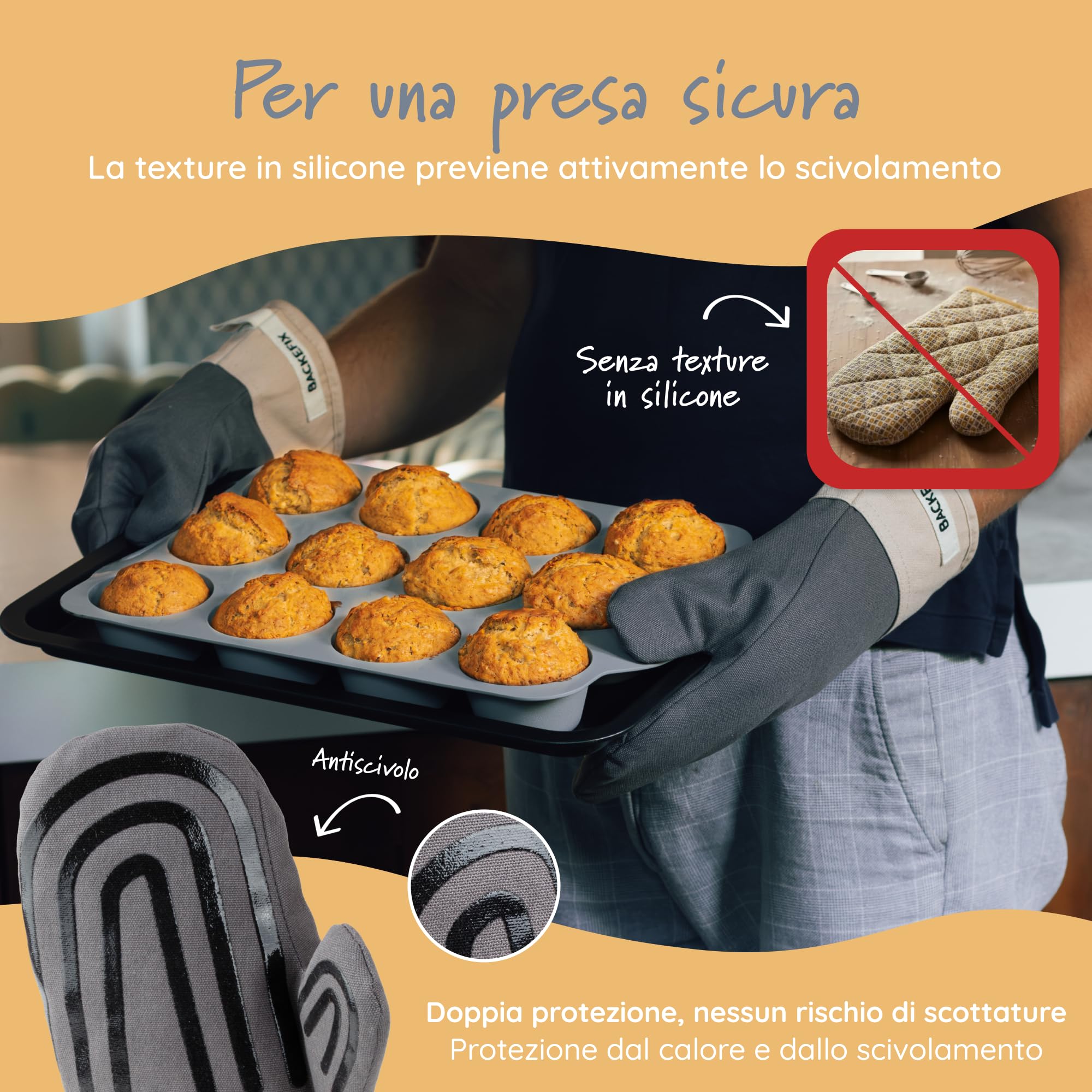 Guanti da forno Backefix con motivo in silicone – un paio di guanti da forno resistenti al calore fino a 250°C, antiscivolo, in cotone, sostenibili, lavabili, comodi e senza plastica