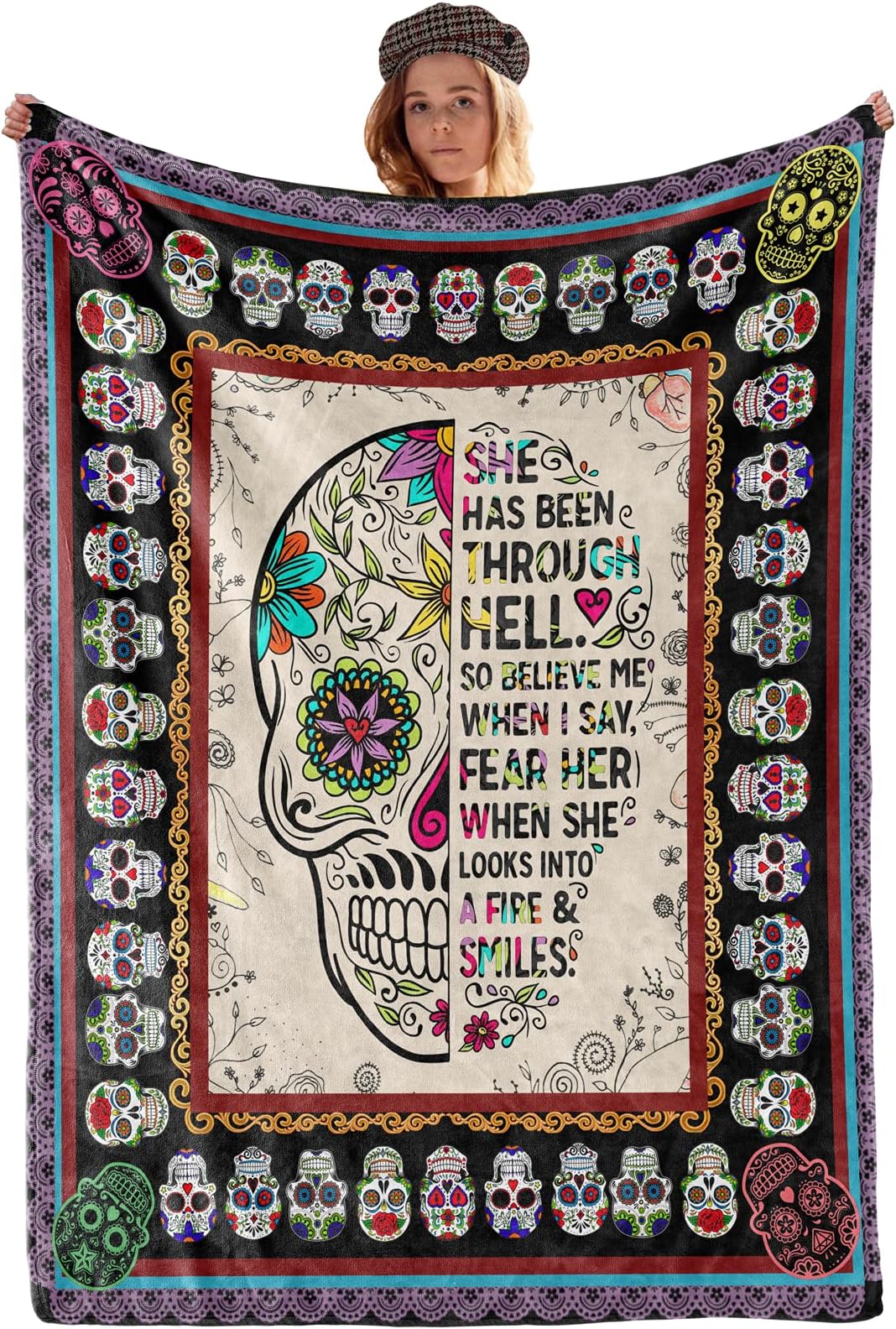 Skull Blanket Colorful Skull Flowers Throw Blanket for Adult Kid, Halloween Blanket Gifts Soft Plush Blanket for Bed Sofa Couch Home Flannel Blanket Skull Halloween Decor Blanket (50" x 40")
