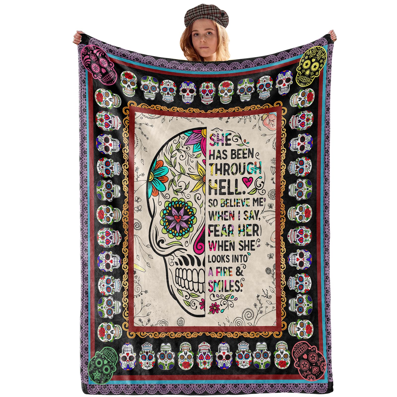 Skull Blanket Colorful Skull Flowers Throw Blanket for Adult Kid, Halloween Blanket Gifts Soft Plush Blanket for Bed Sofa Couch Home Flannel Blanket Skull Halloween Decor Blanket (50" x 40")