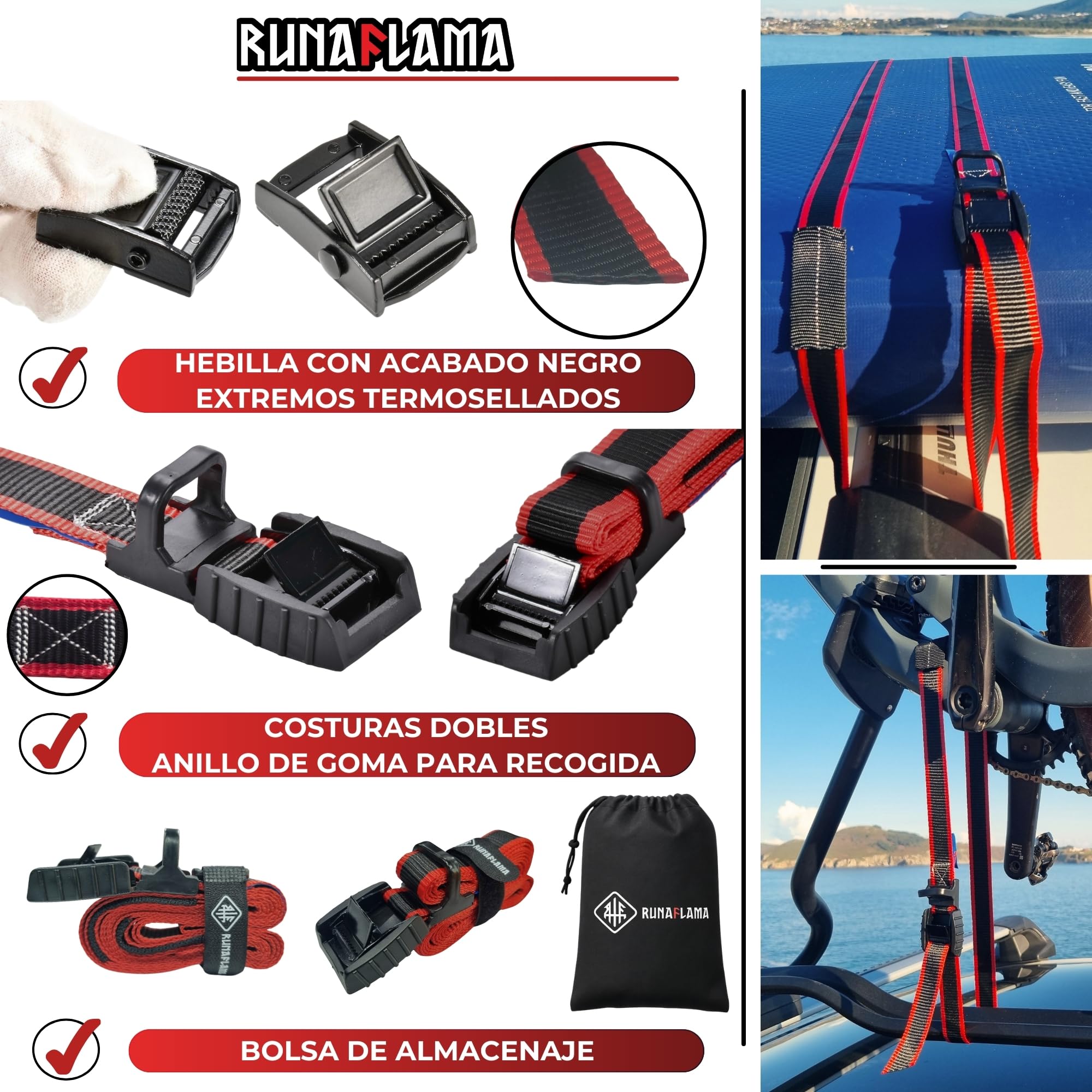 RUNAFLAMA - Cinchas de Amarre con Protección - Eslingas de Amarre para Baca, Surf, Kayak, Remolque Moto - Trinchas de Sujeción a Portabicicletas - Resistencia rotura 500 kgf por Cinta - 2 Correas 2,5m — view 5