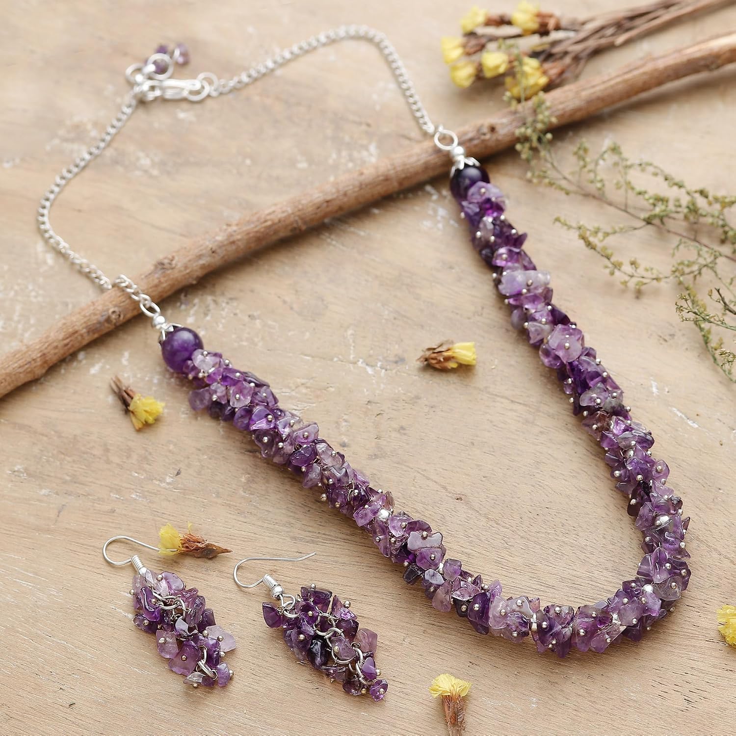 NOVICA Amethyst Stainless Steel Beaded Jewelry Set 'Spiritual Fragments'