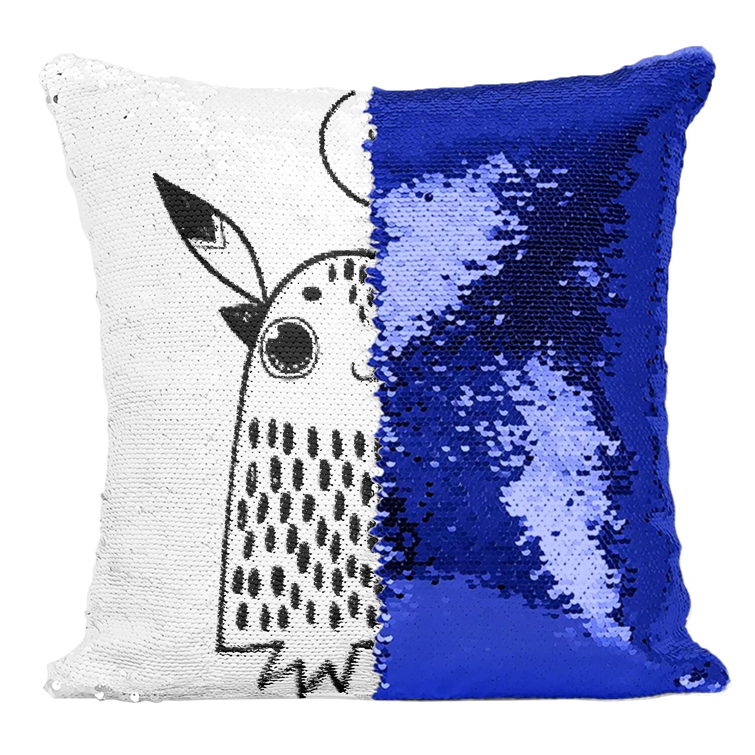 Coussin sequin bleu et housse paillettes avec dessin animal kawai