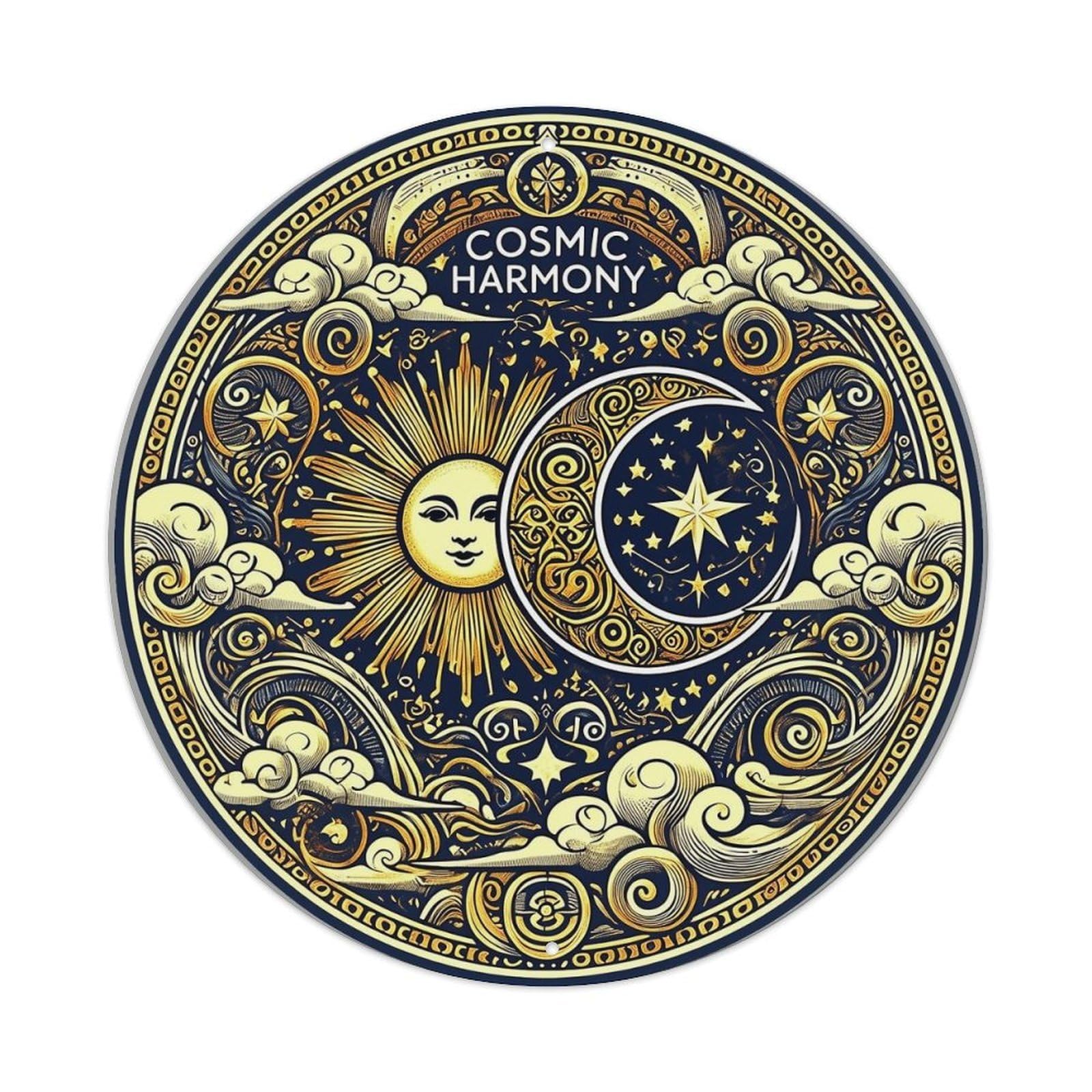 Cosmic Harmony Sun Moon Stars Clouds Round Metal Tin Sign Vintage Wall Decor, Bar Garage Cafe Kitchen Home Wall Art Poster 8x8inches