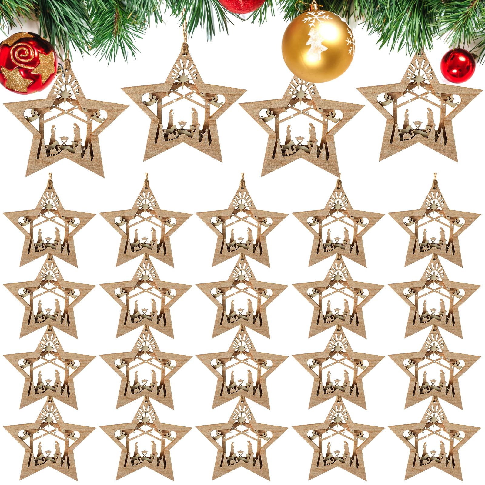 Décorations de crèche de Noël en bois à suspendre à plusieurs couches - Décoration souvenir de la naissance de Jésus - Cadeau religieux pour la famille (en forme d'étoile, 24 pièces)