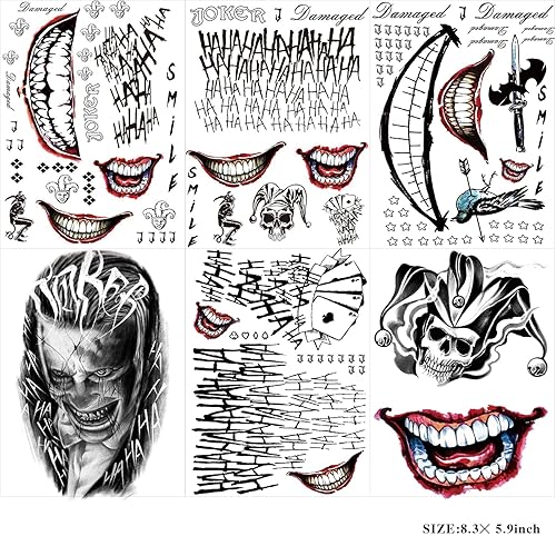 Miniatura 2 de 12 hojas de tatuajes de Joker para escuadrón suicida, tatuajes de Harley Quinn perfectos para Halloween, disfraces, fiesta, accesorios de Harley
