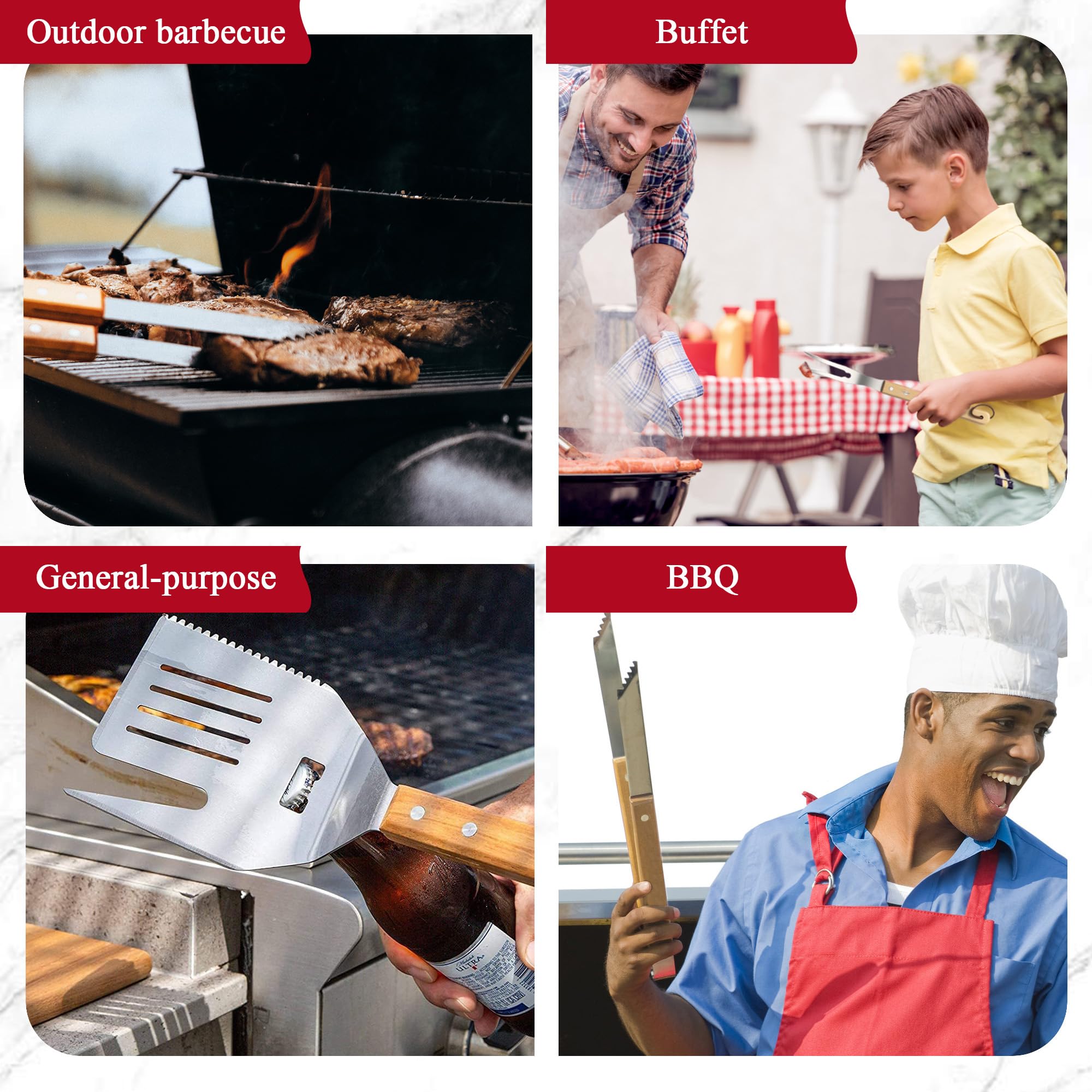 Ensemble d'outils de barbecue 5 en 1 – Spatule multifonction avec bord de couteau, fourchette, attendrisseur et décapsuleur | Poignée en bois de frêne robuste et acier inoxydable épais | Accessoires