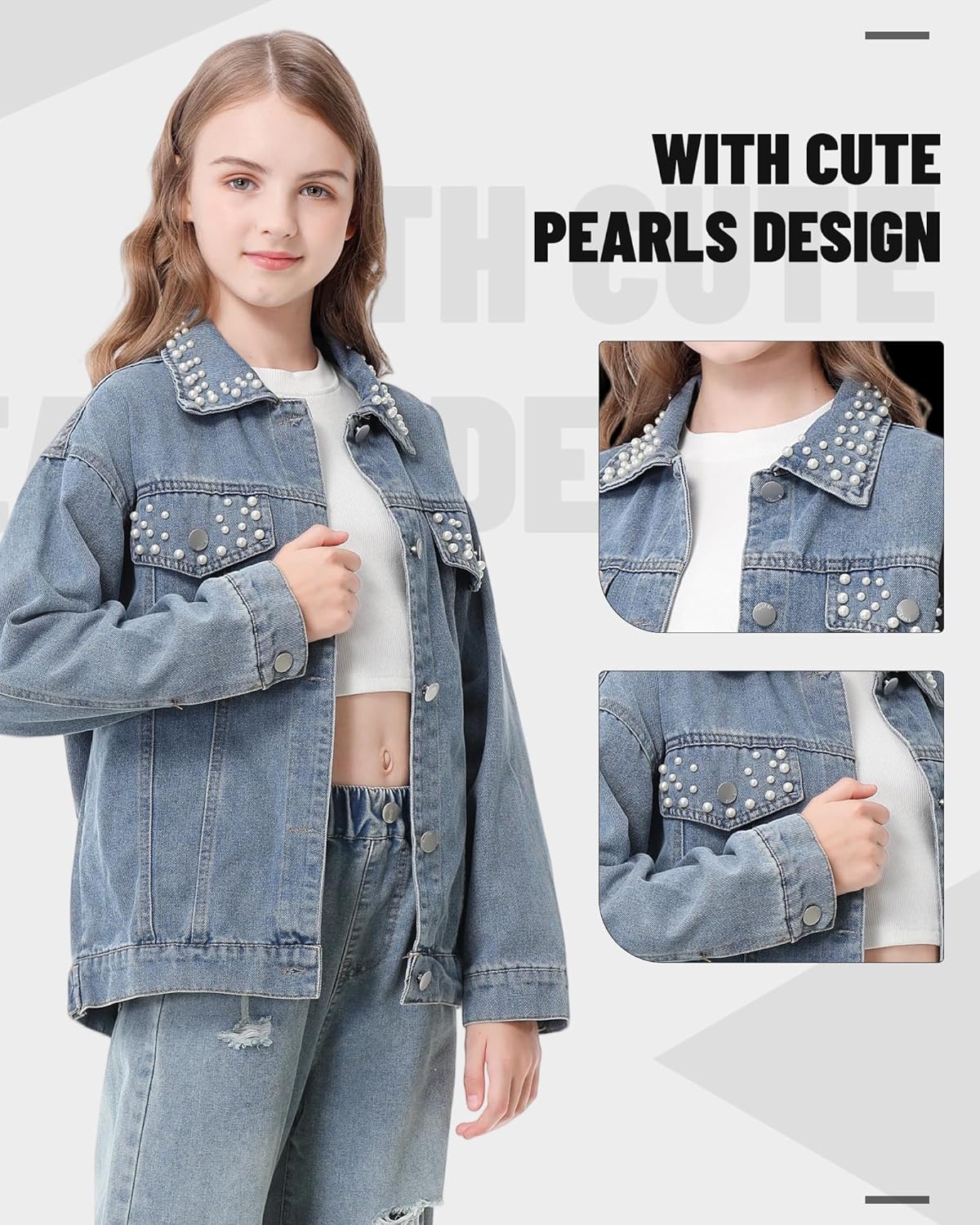 Rolanko Girls Denim Jackets, Basic Oversized Jean Jacket for Girls Fall Outwear Button Down Trucker Jacket 5-14 Years