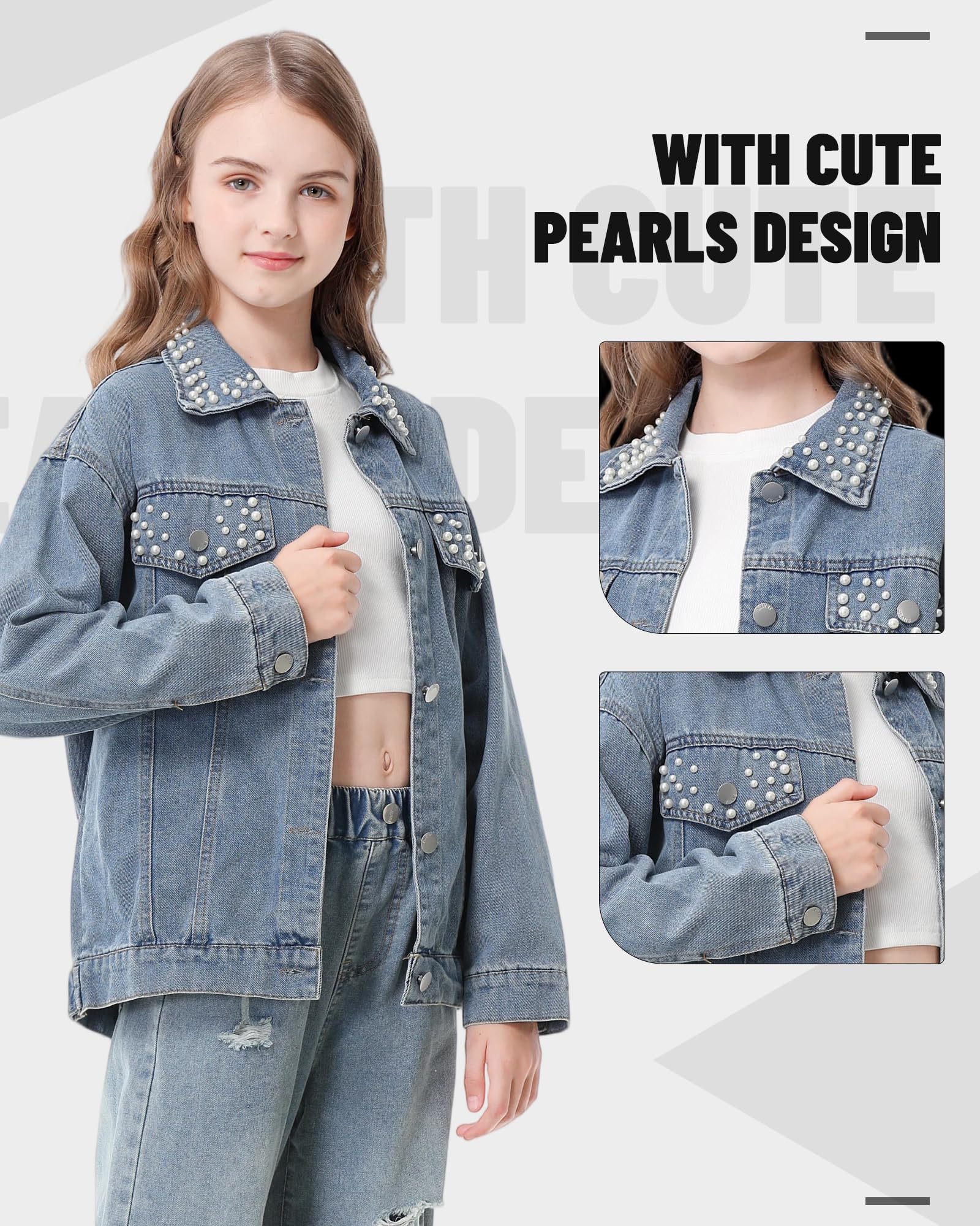 Rolanko Chaquetas de mezclilla para niñas, chaqueta básica de gran tamaño para niñas, ropa de otoño con botones, chaqueta de camionero de 5 a 14 años
