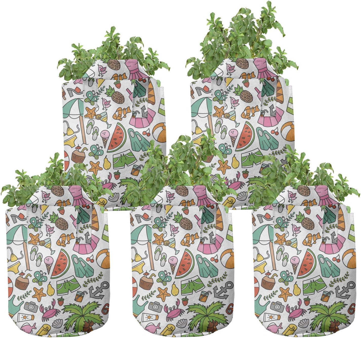 Lunarable Beach Grow Bags 5-Pack, Swimsuit Cocktail, Heavyduty Fabric Pots with Handles for Plants, Multicolor