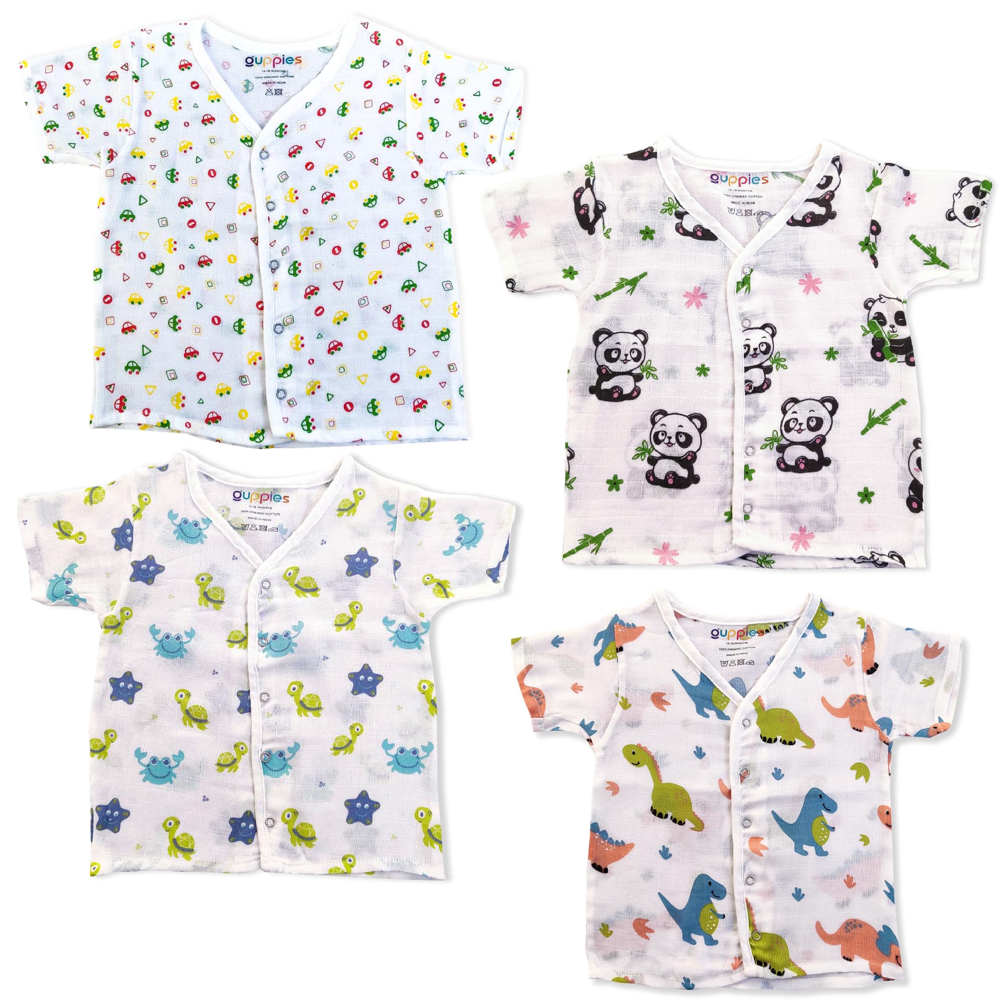 guppies100% Extra Soft Organic Cotton Muslin Jhabla Button Type Sleeveless Half-Sleeve for Baby Toddler Preemie Infant (Set of 4)
