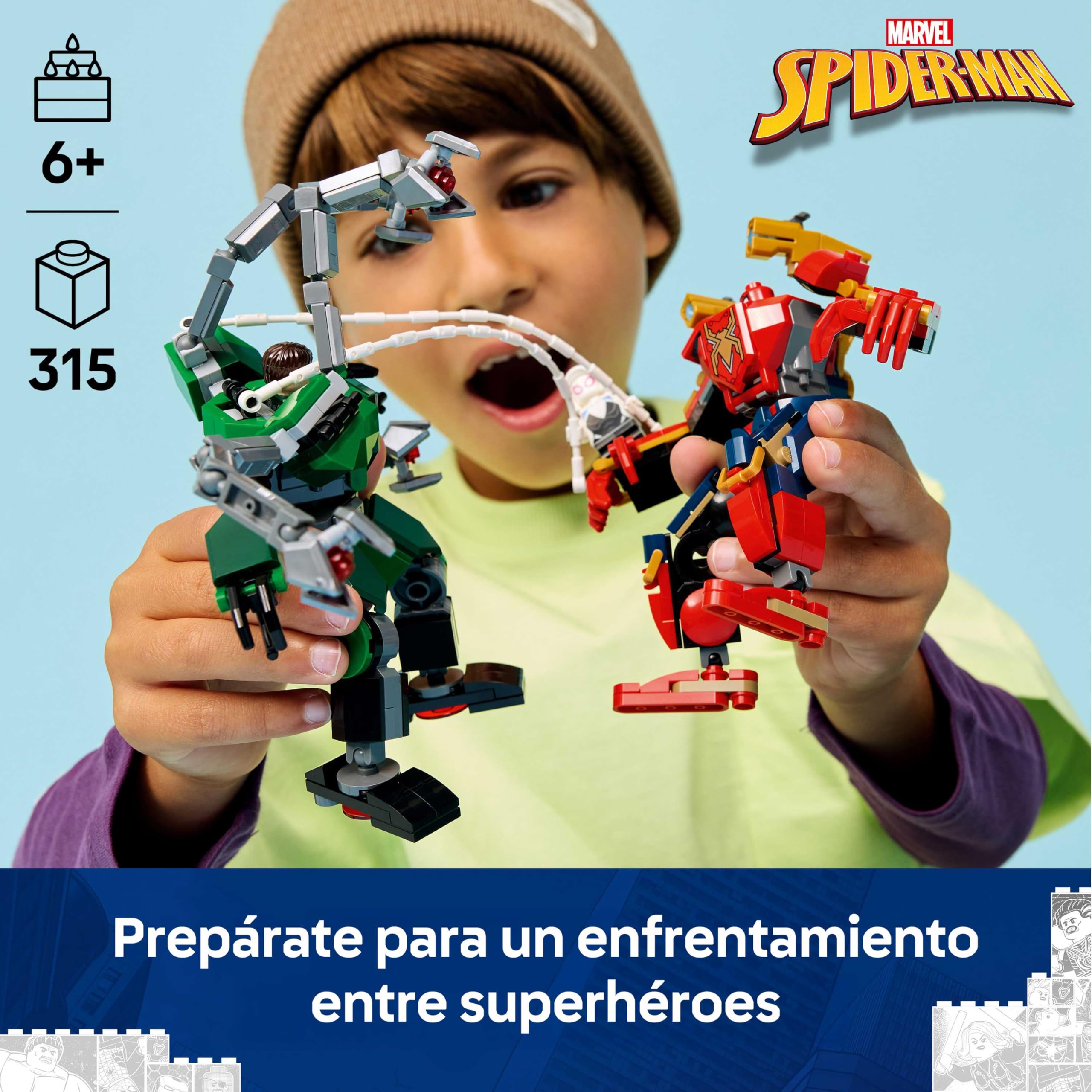 LEGO | Marvel Batalla de Armaduras Robóticas: Spider-Man vs. Doc Ock - Superhéroes de Juguete - 2 Figuras de Acción, 3 Minifiguras Inc. Spider Fantasma, Cañones - Regalo para Niños de 6+ Años - 76338