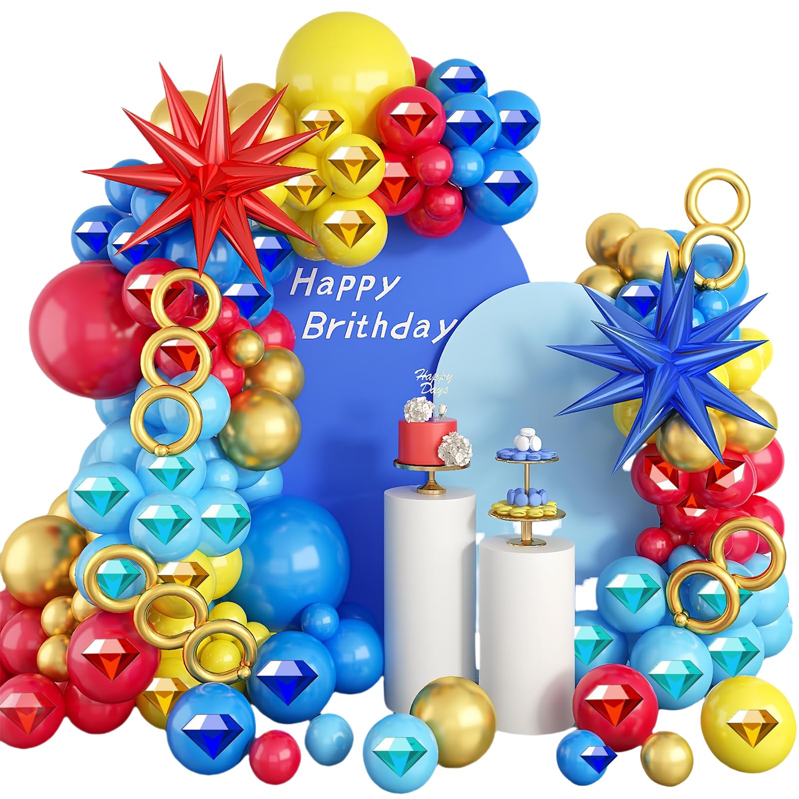 121PCS birthday decorations party supplies Red blue yellow light blue gold Latex Balloons. 2PCS aluminum foil balloons Kids Birthday Baby Shower Party